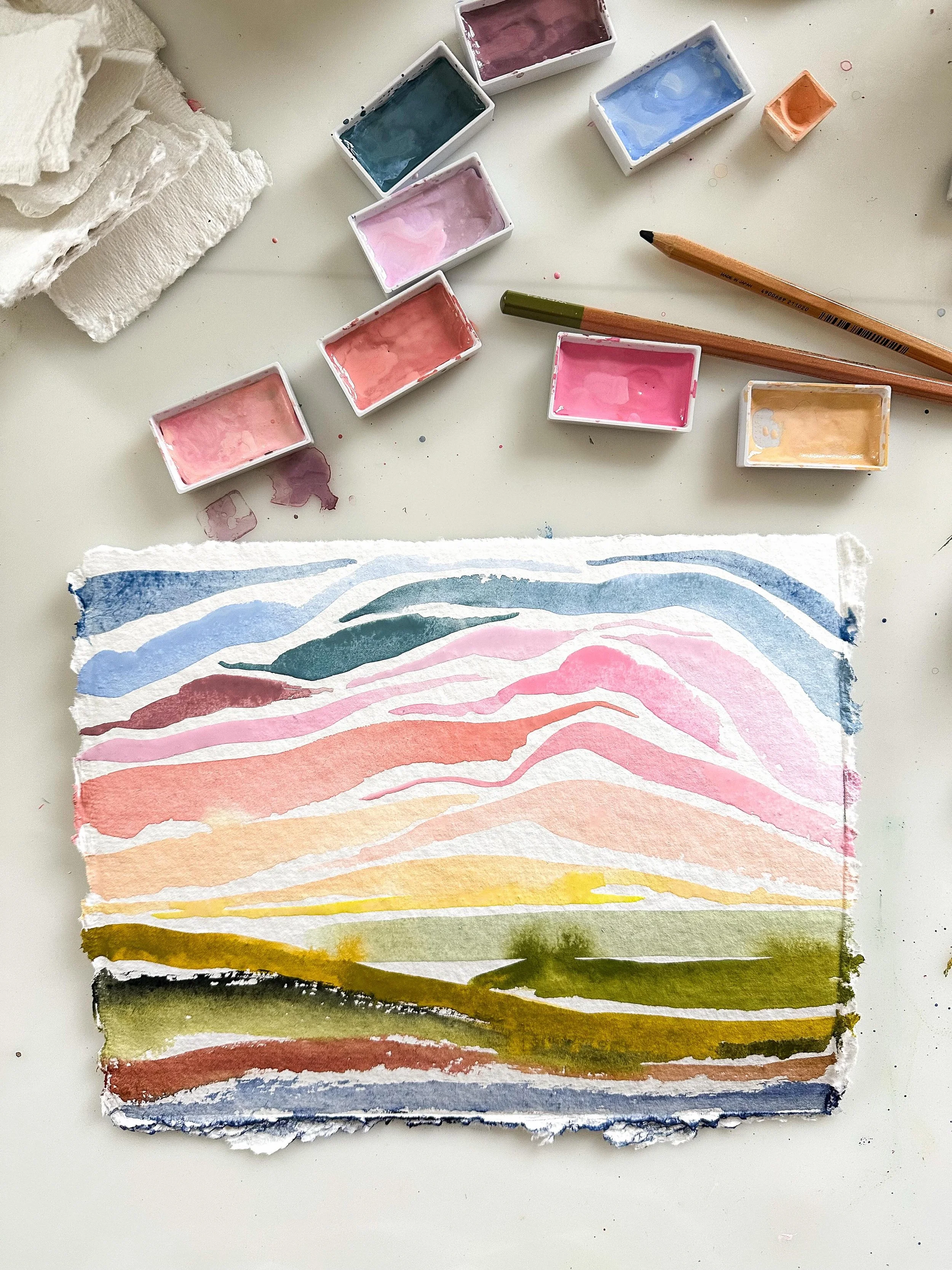 Having a big of a creative burst. Now that my landscapes feel solid, I&rsquo;ve been wanting to explore all their variations in size, color, orientation, surfaces etc. these two are similar just on different paper and size. Definitely getting added t
