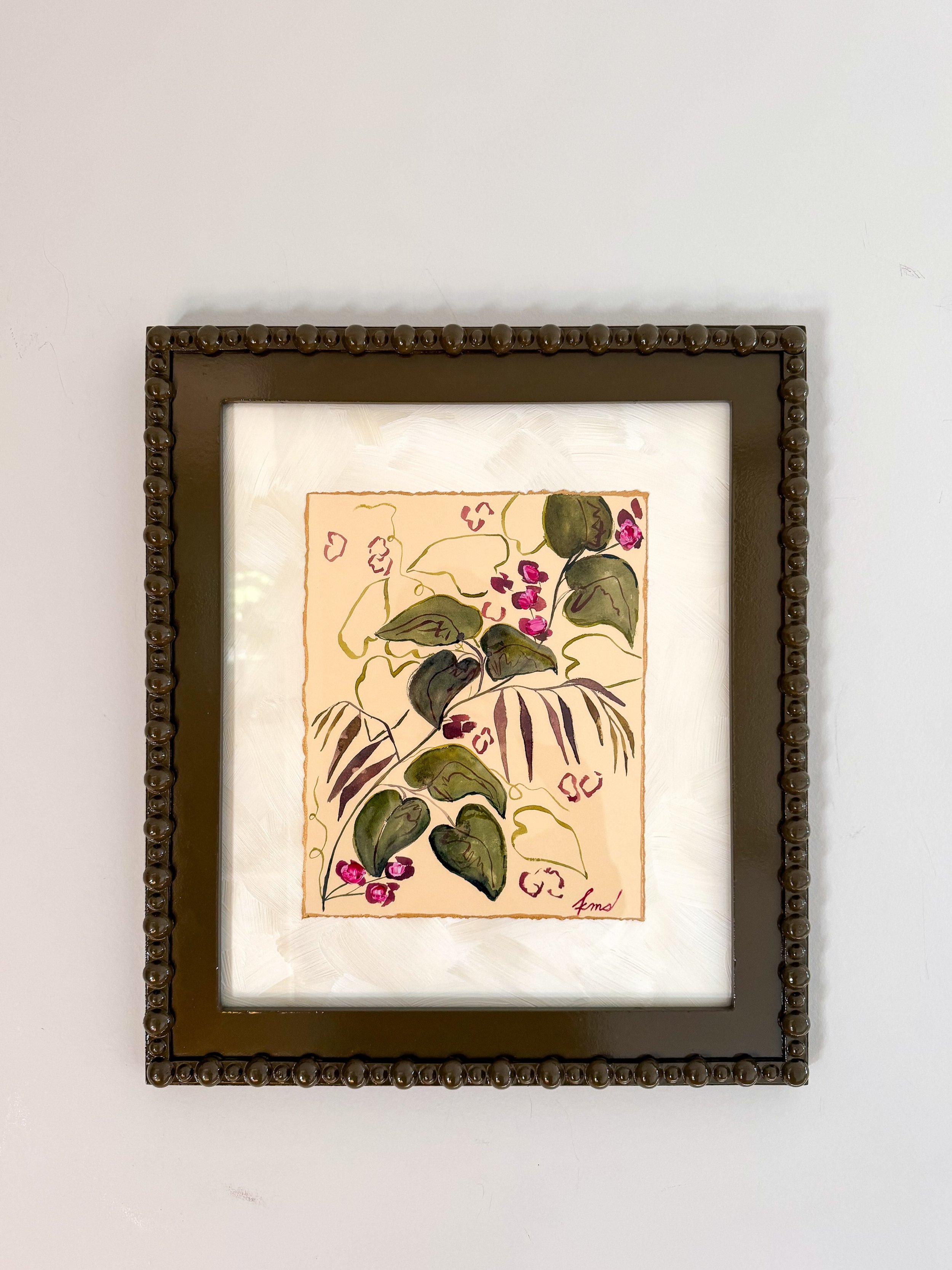 Purple Beans #2 on ivory paper, gilded edges

Handpainted mat with white/ivory textured strokes 

Beaded olive frame 15.5&rdquo; x 17.5&rdquo;

Perfection 👌🏻 

Coming SEPT 2nd. Comment GREEN for early access link.