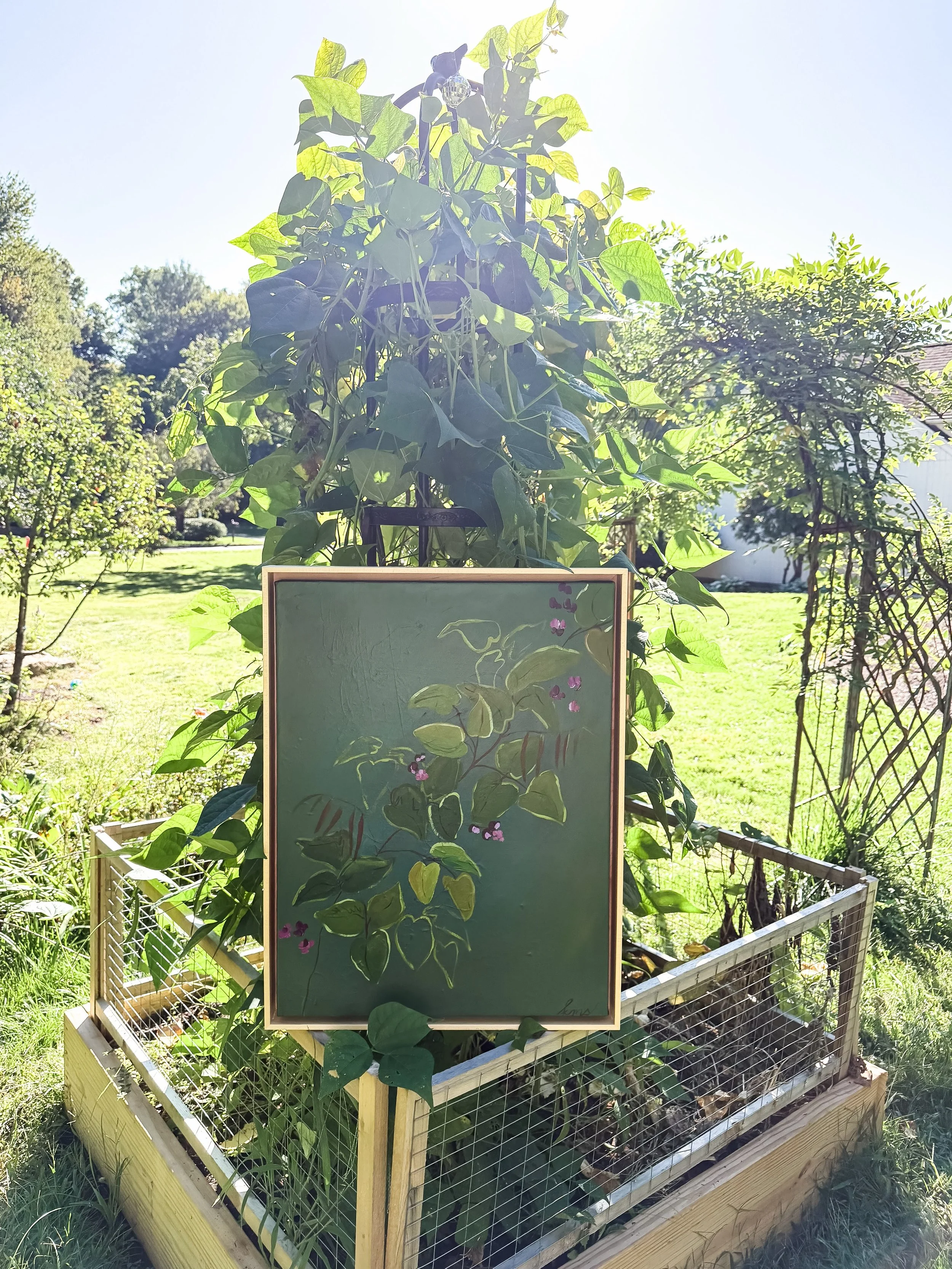 Showing her where he story began &mdash;&mdash;> up close and personal ;)

Purple Beans: winding vines unfurling towards the sun, the most vivid blooms and abundant beans

18&rdquo; x 24&rdquo; acrylic on canvas
Framed in solid maple wood 
An abso