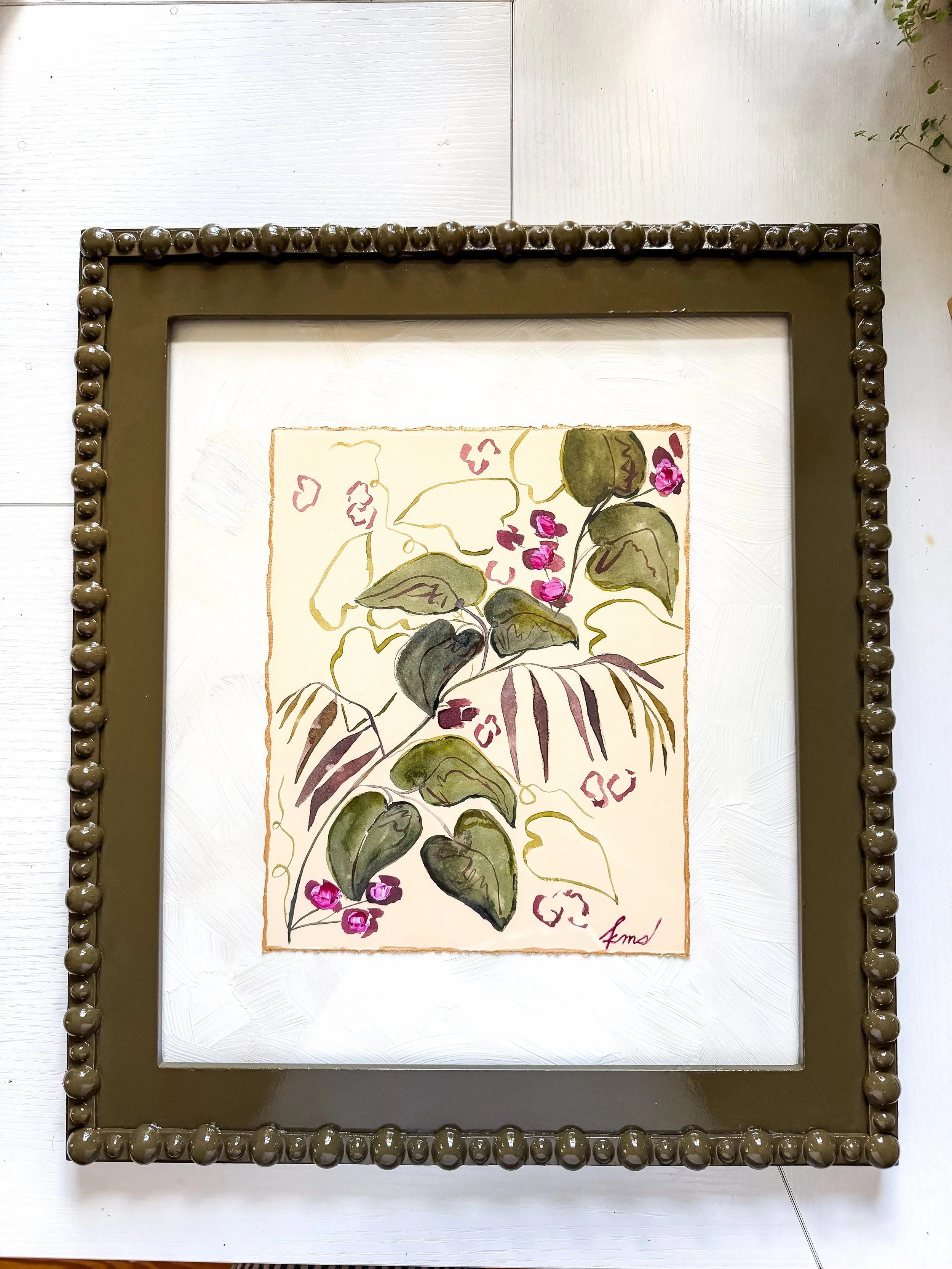 Purple Beans on Paper Framed in Green Beaded Frame - 15.5" x 17.5"  COMING SEPT 2nd