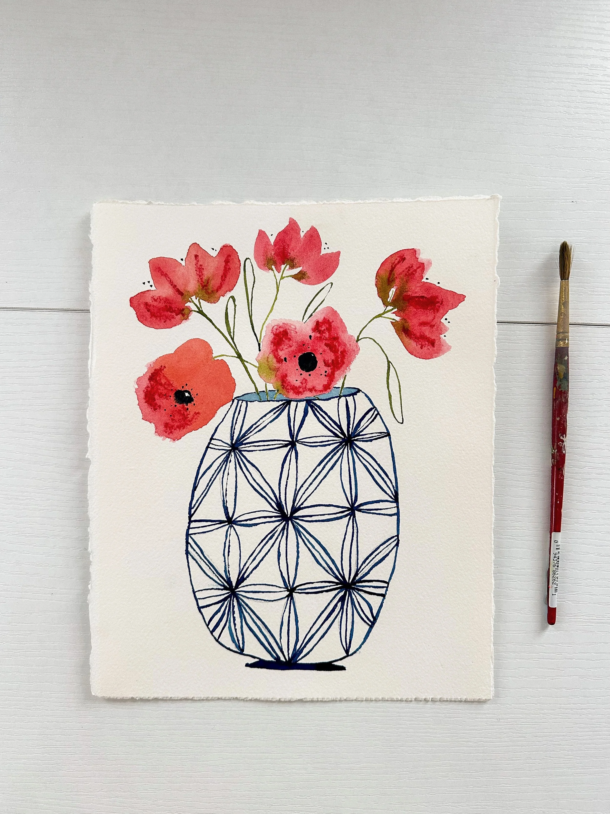 Red Poppies in Blue Vase - 8" x 10"