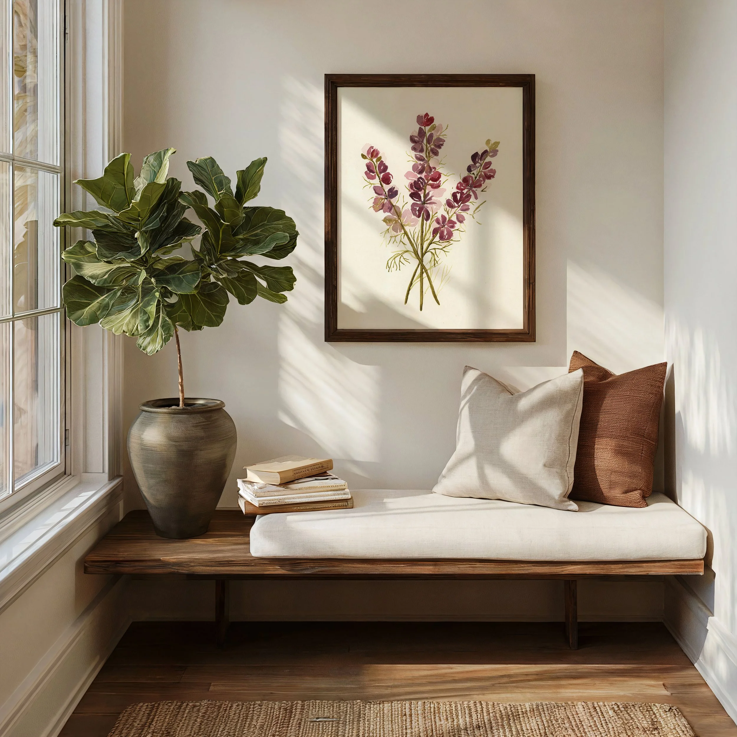 Delphinium trio plum in entryway simple bench and pillows.jpg