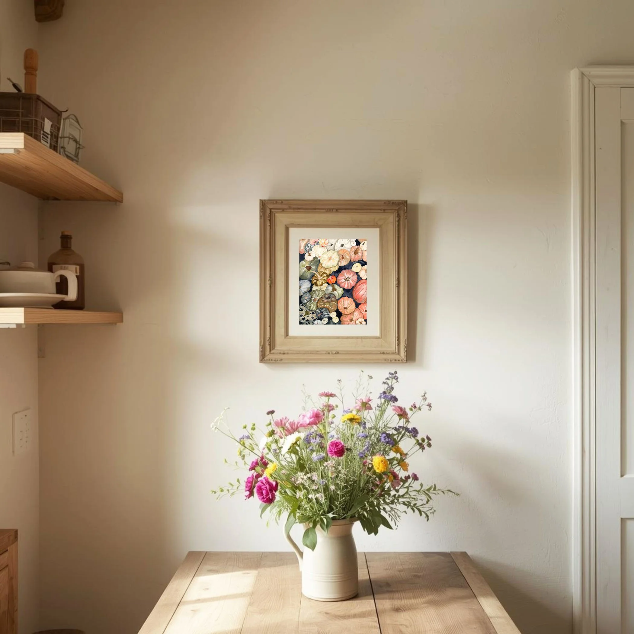 pumpkin pile country kitchen with flowers on table.jpg
