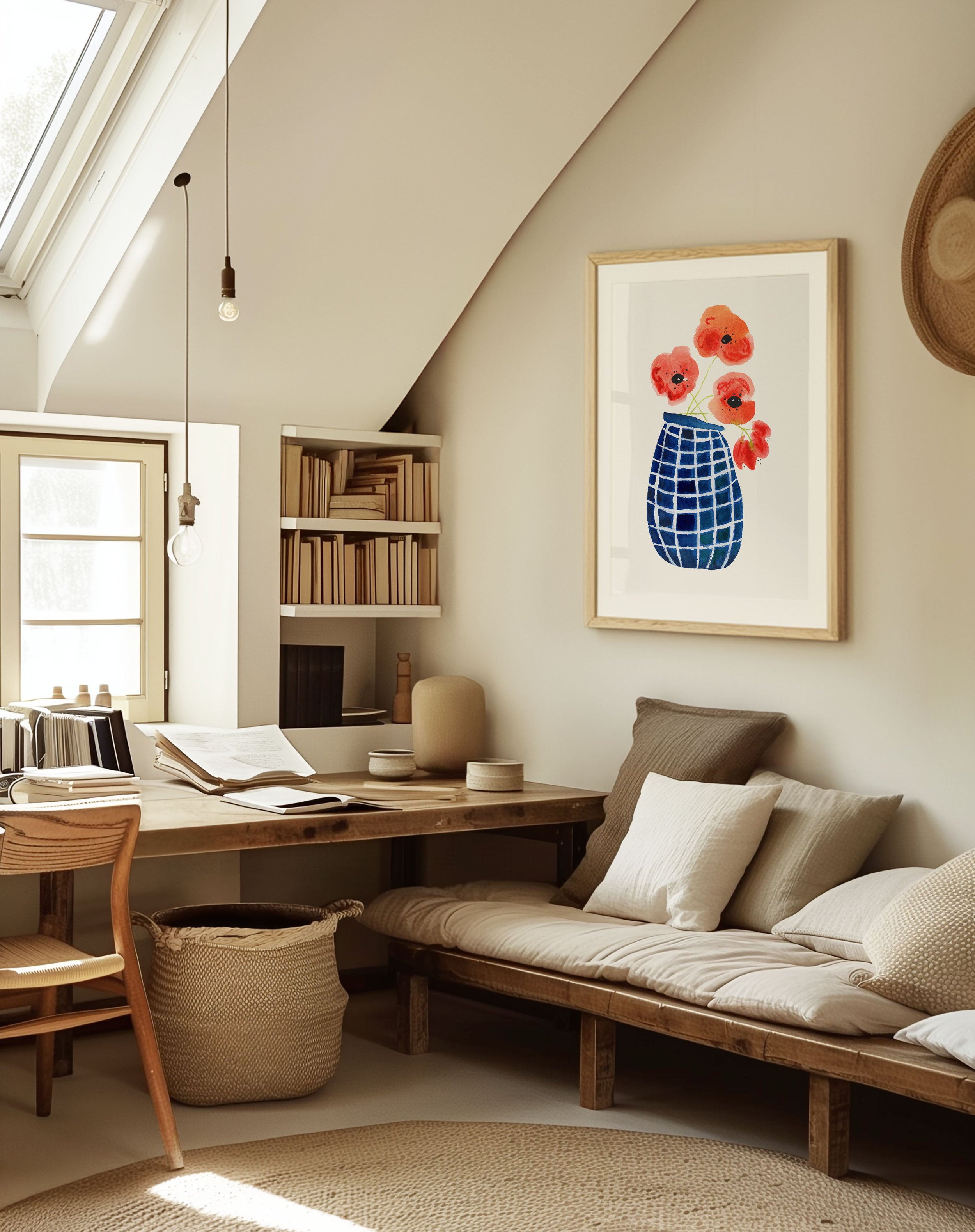 Poppies in Mosaic Vase White Background Framed in Home Office.jpg