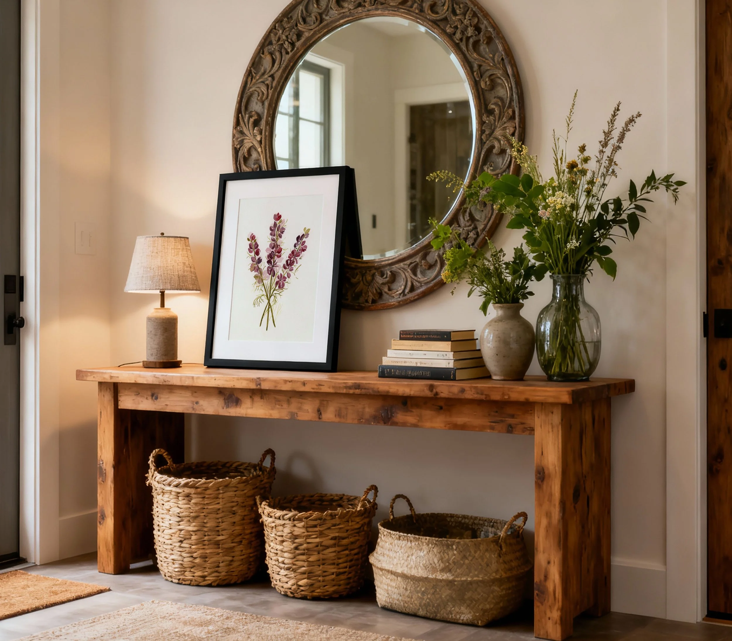 Delphinium trio plum in entryway with large mirror.jpg