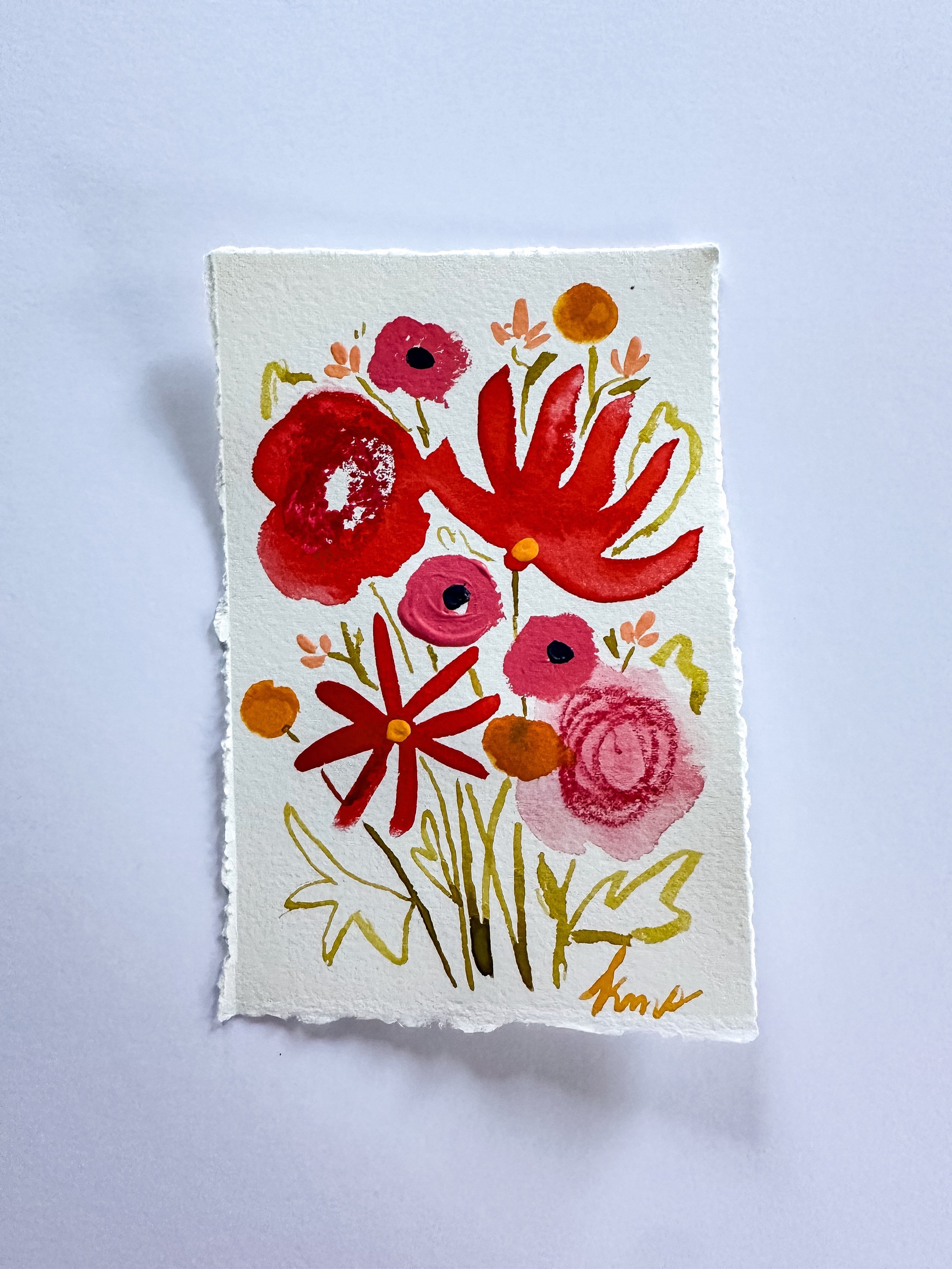 Tiny original painting red florals
