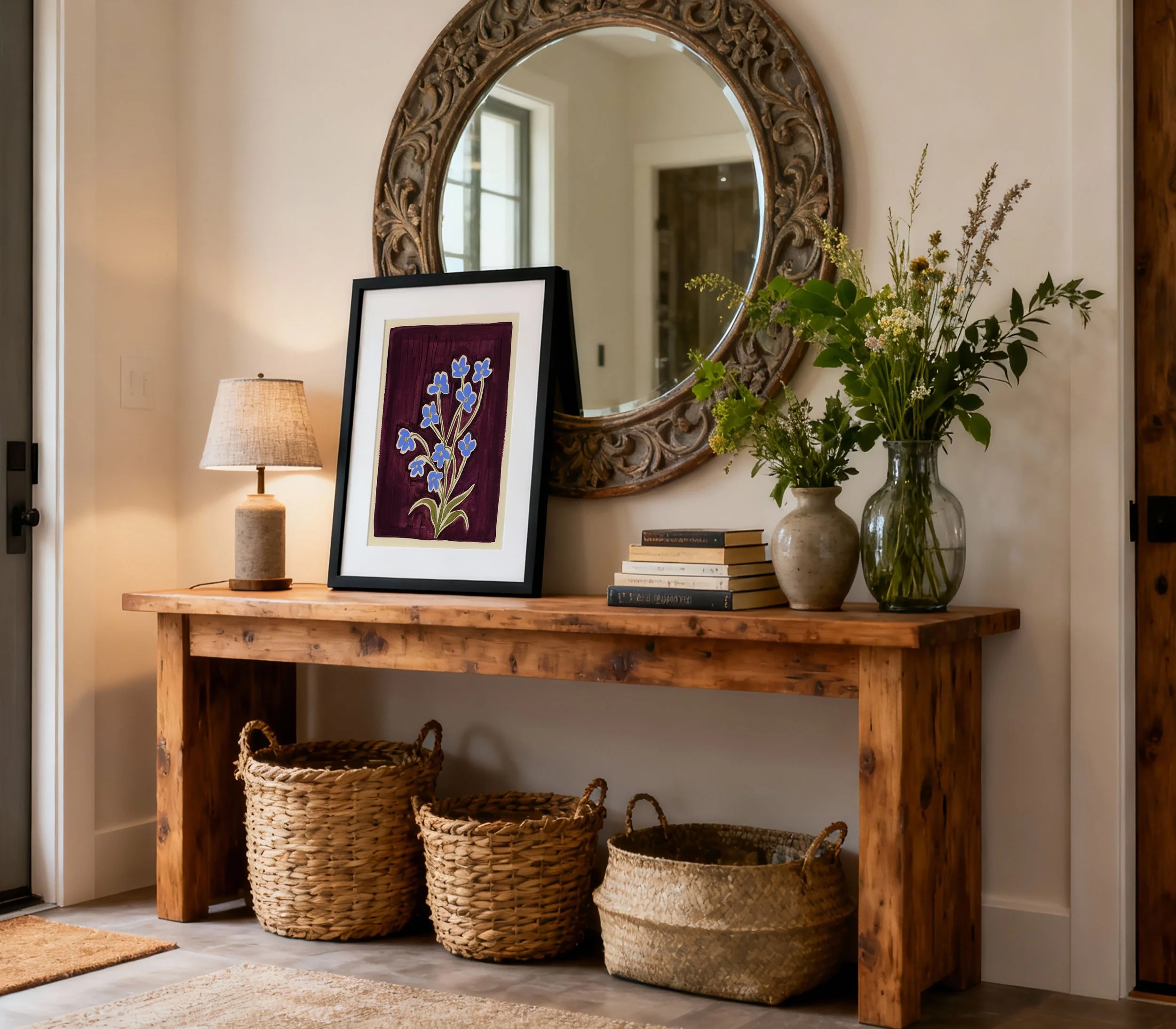 entryway plum background ultramarine florals greens on table.jpg