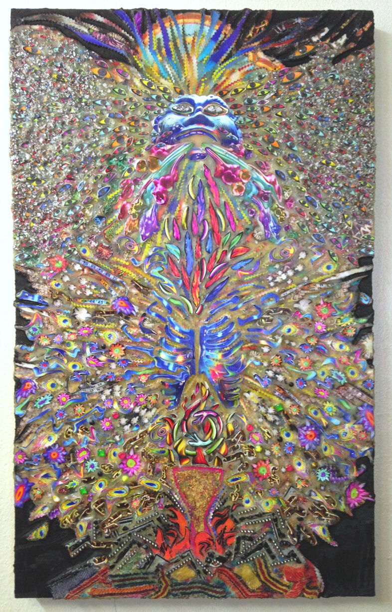 Kool-Aid Man, 2015 | 36"h x 22"w | Cut photos, encaustic, oil paint, fabric and beads