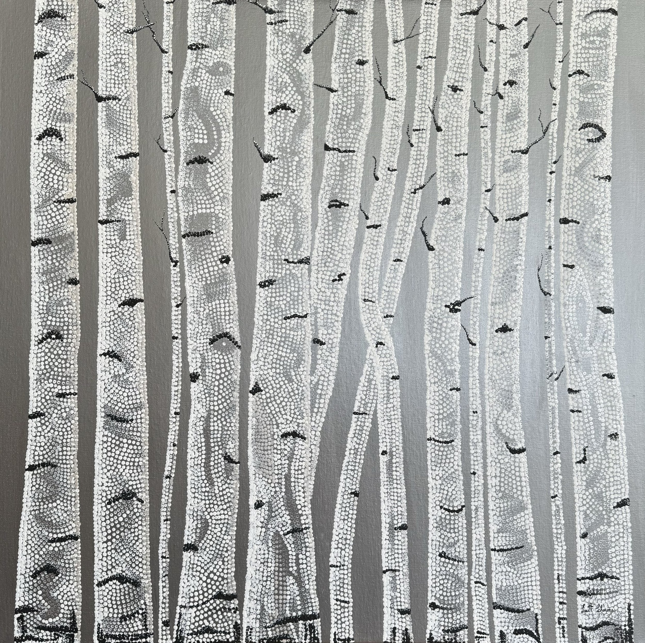 Silver Giants contemporary pointillism birch forest painting by Lisett Llorens