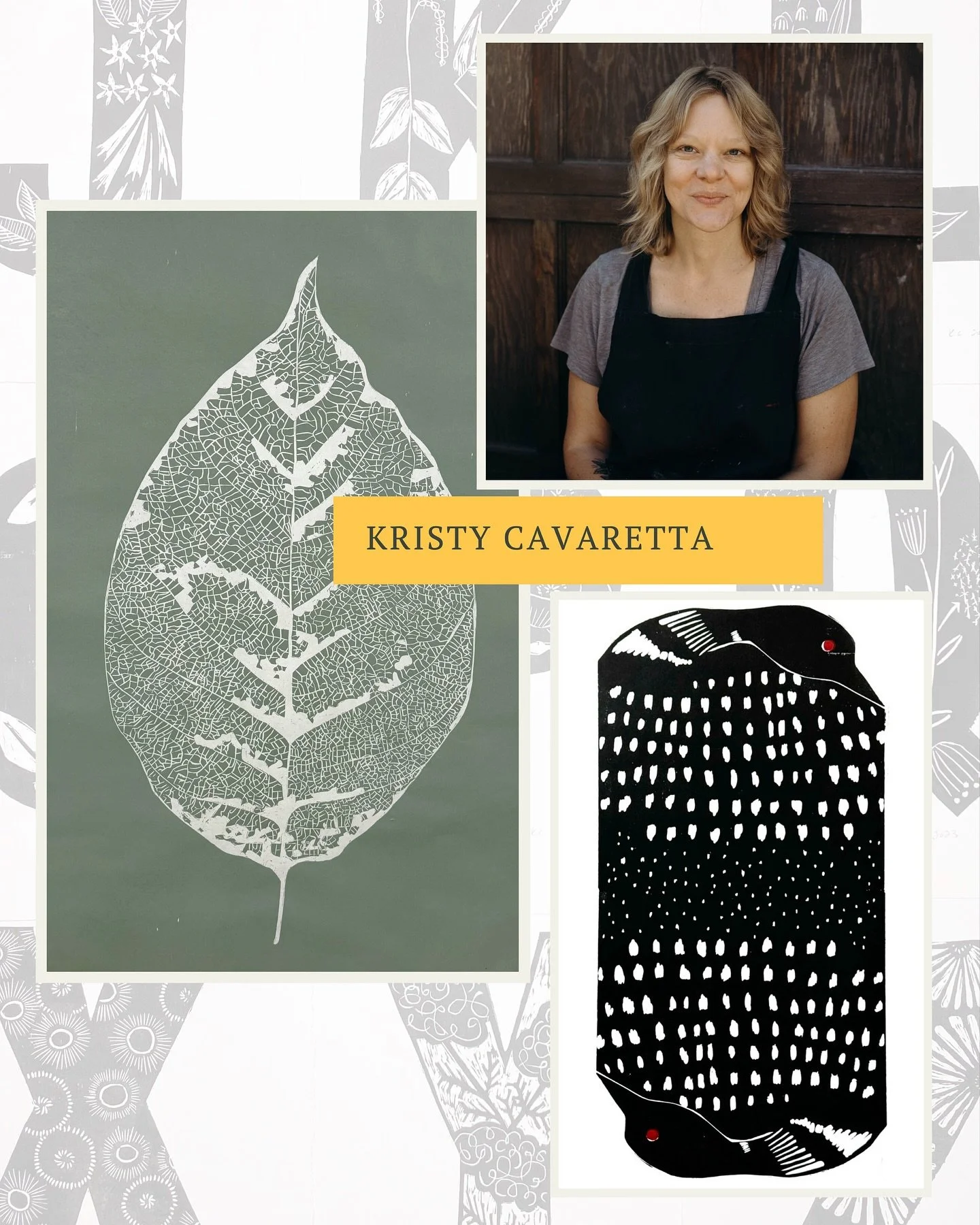Kristy Cavaretta @kristy.cavaretta is a Chases Garage printmaker and woodcut printmaking instructor. Woodcut prints are a by-product of hours of slowly chipping away at a block of wood before printing an image in relief. Kristy loves the meditative p
