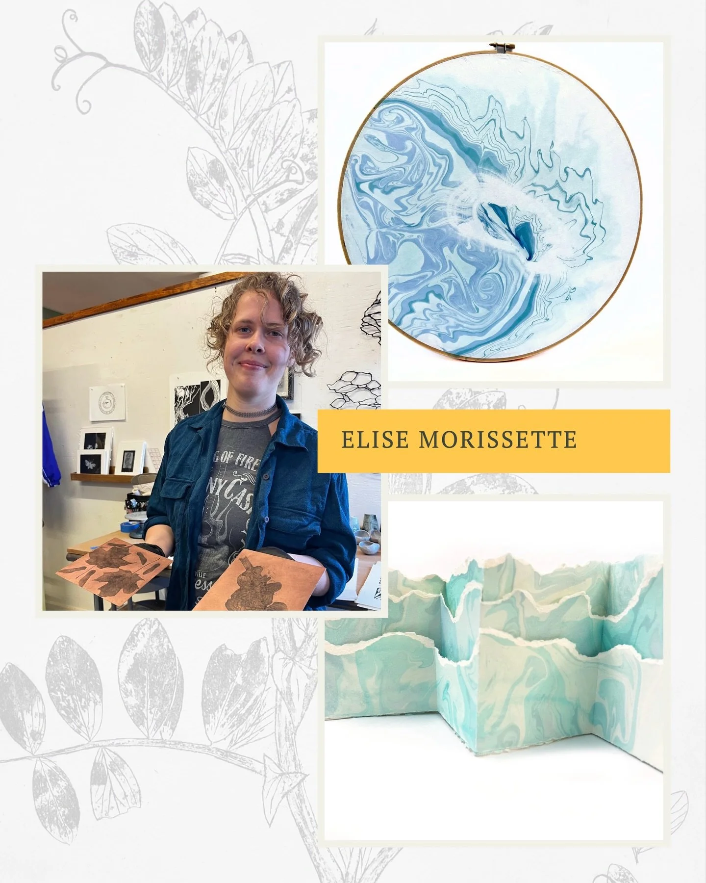 Elise Morissette @serotonin_studio is an NH artist and framer who focuses on printmaking and bookmaking. Her work explores sentimental experiences and scientific discoveries. She has a BFA from New Hampshire Institute of Art, and has been deepening h
