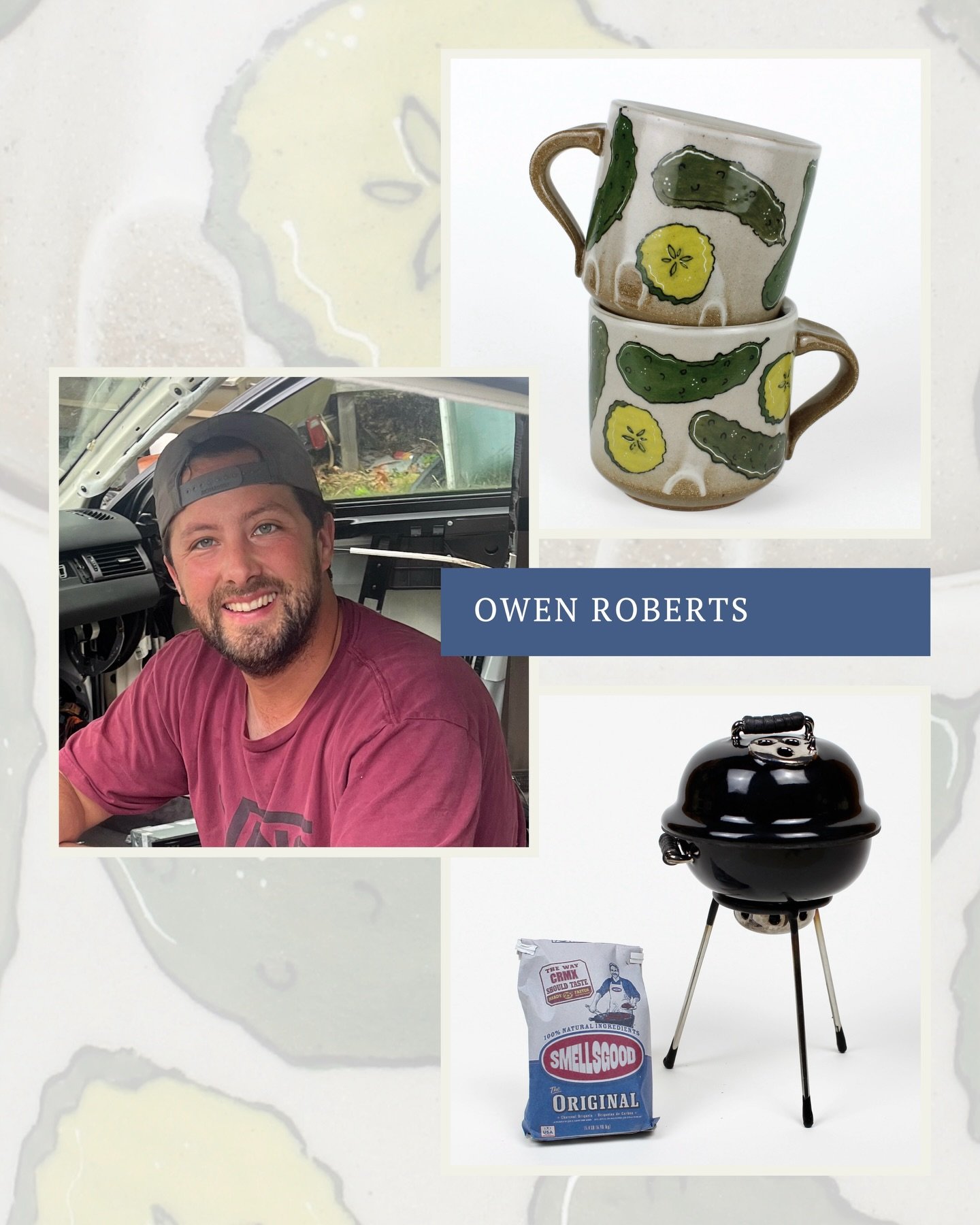 Owen Roberts @browenroberts graduated from Massachusetts College of Art and Design in 2015. His functional pieces are thrown with ^6 clay and hand-painted with colored underglazes. Check out his mugs and grill incense burners this Saturday!⁣
⁣
#mugsh
