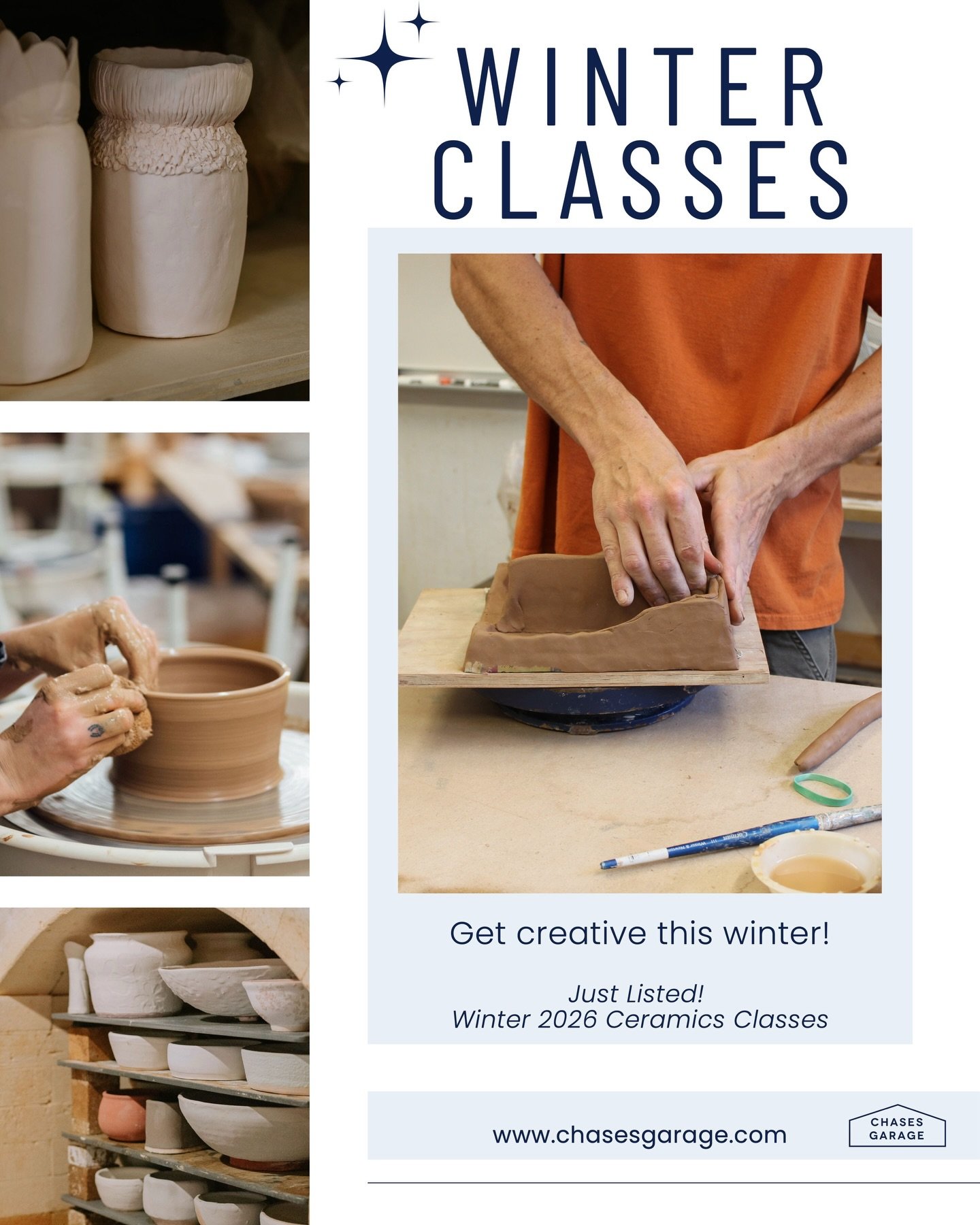 ❄️Just listed! Winter 2026 Classes ⁣
⁣
🔗 Class links in bio⁣
Visit www.chasesgarage.com for more info⁣
⁣
#pottery #ceramics #yorkmaine #chasesgarage