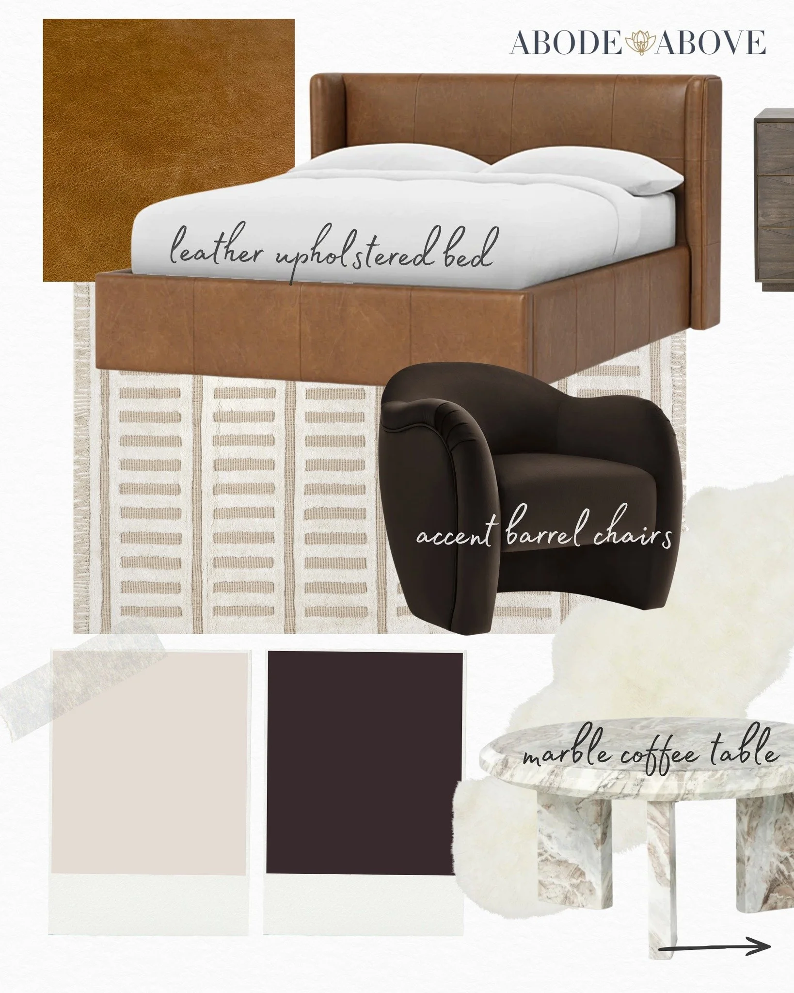 MOOD BOARD MONDAY IS DOING IT'S THING
Cognac leather. Black marble. An oxidized credenza with a finish that tells a whole story on its own. This primary suite concept isn't trying to be quiet; it's trying to be felt. 🖤