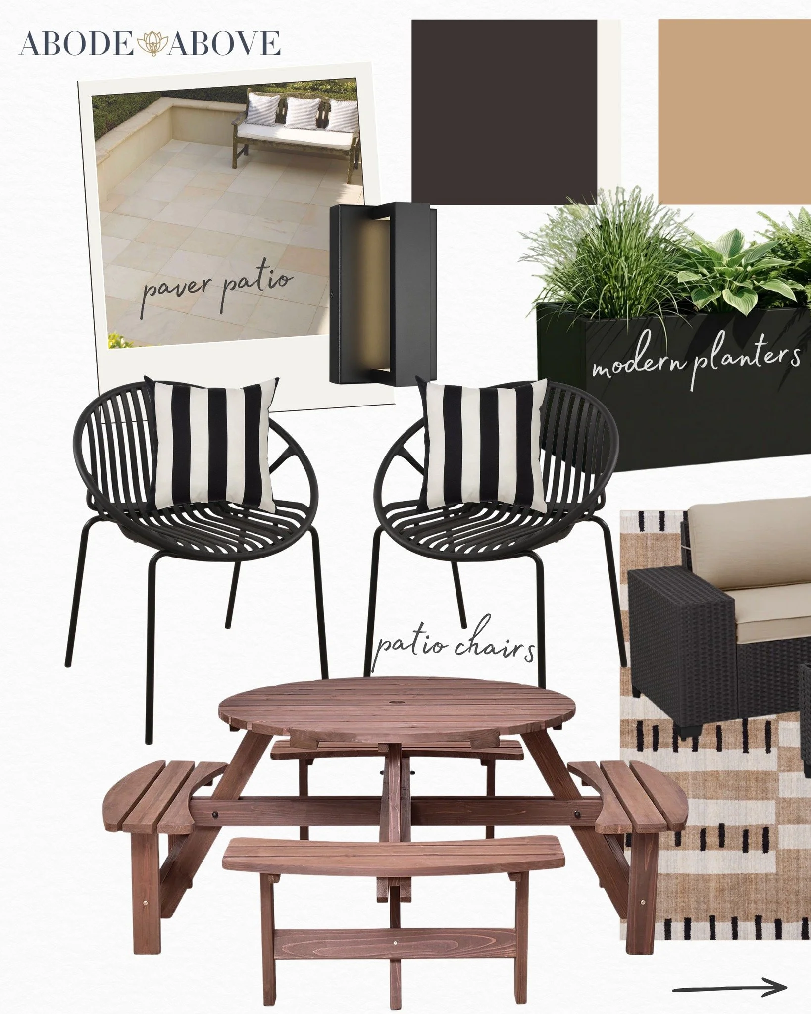 MOOD BOARD MONDAY
Outdoor spaces deserve the same intention as any room in your home. This backyard concept is proof: paver patio, a sectional that actually invites you to stay, modern black planters doing the work of a living wall, and patio chairs 