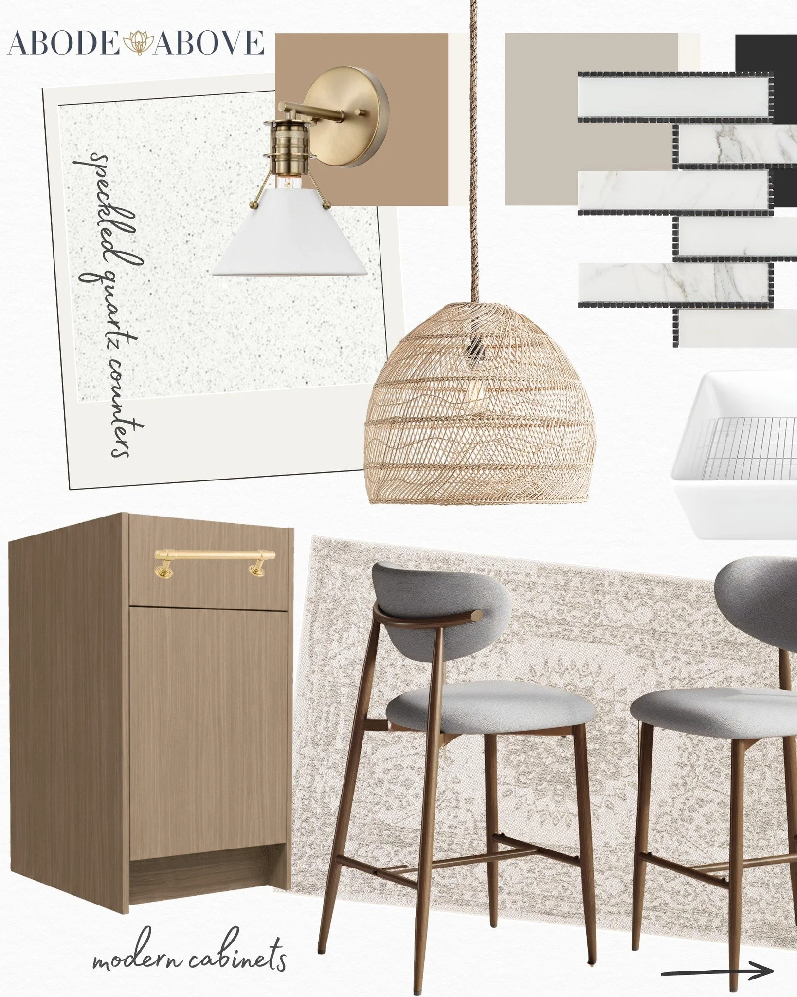 MOOD BOARD MONDAYY
Warm wood cabinets. Speckled quartz. Marble-look tile with black grout detail. A rattan pendant that softens everything just enough. This kitchen concept is doing the thing I love most: mixing organic warmth with clean, modern line