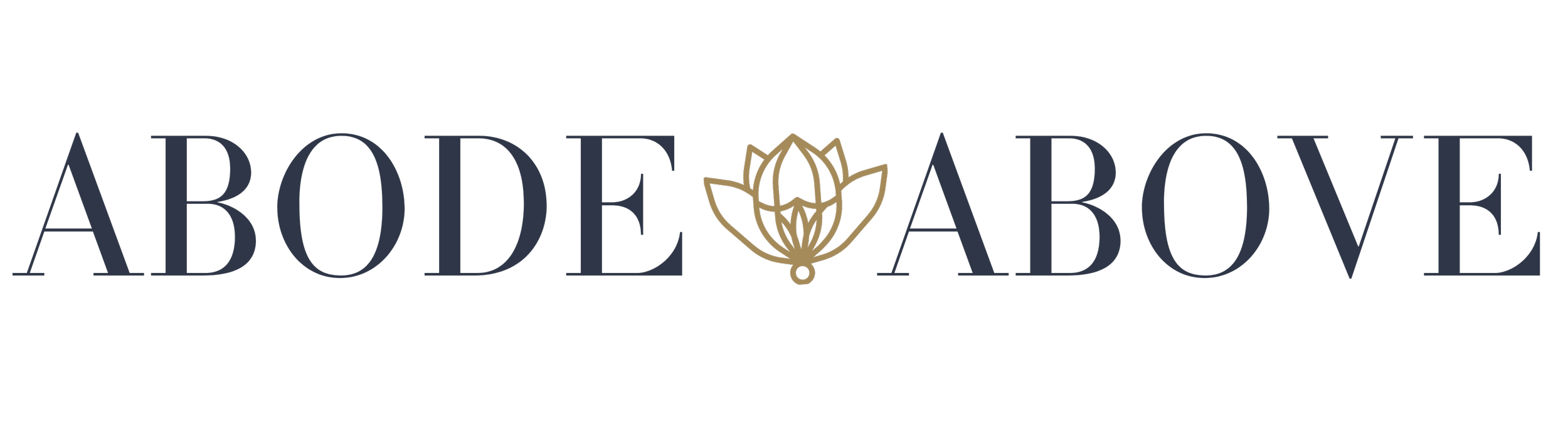 Logo with the words 'ABODE ABOVE' separated by a stylized lotus icon.
