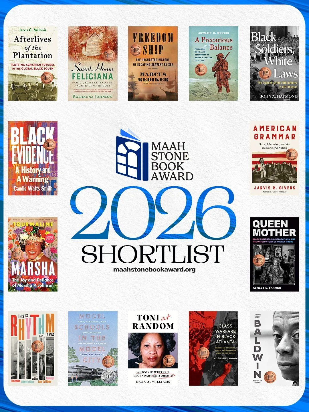 The 2026 MAAH Stone Book Award ShortList! Congratulations to these 14 incredible authors and their exceptional books!

Three finalists from this list will be announced in September. Mark your calendar to join us in person or virtually for the awards 