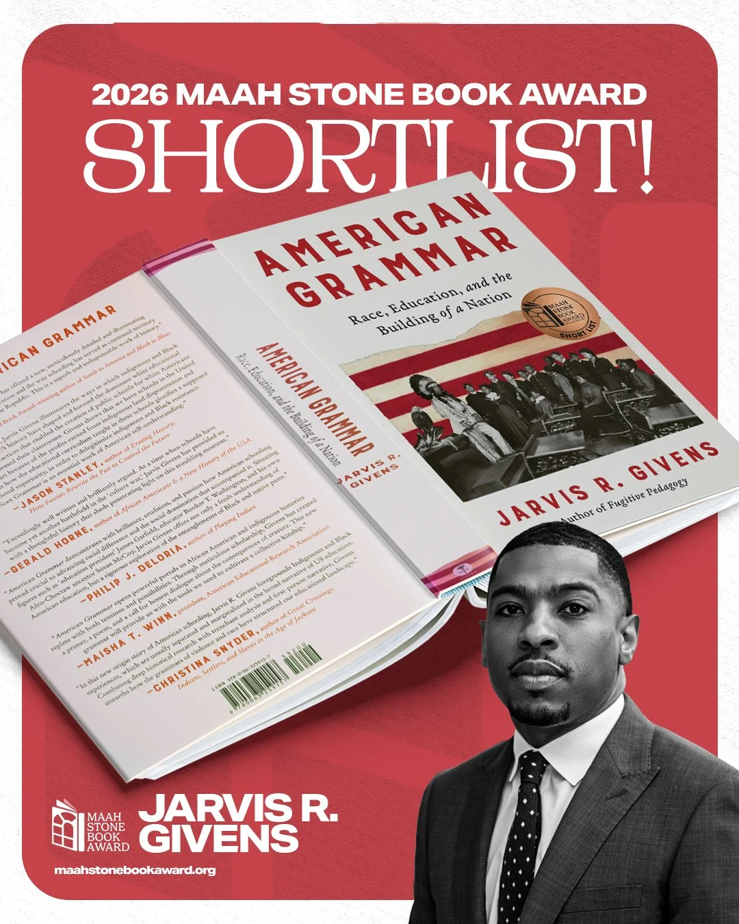 3/14
2026 MAAH Stone Book Award ShortList: 
'American Grammar' is a revised origin story that exposes this legacy of racial domination in schooling, demonstrating how the educational experiences of Black, white, and Native Americans were never all-to