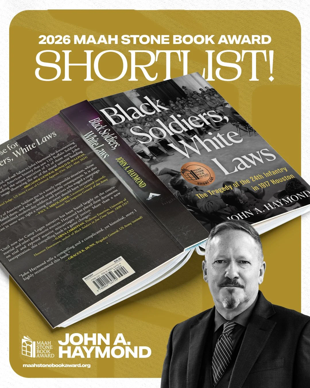 6/14
2026 MAAH Stone Book Award ShortList: 
On the sweltering, rainy night of August 23, 1917, one of the most consequential events affecting America&rsquo;s long legacy of racism and injustice began in Houston, Texas. 
@maahmuseum 
@johnhaymond_auth