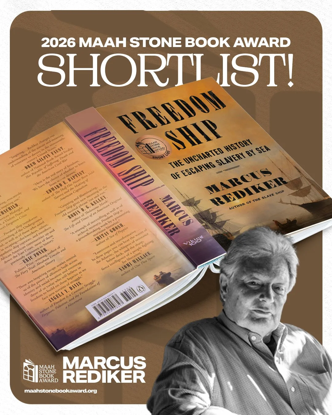 8/14
2026 MAAH Stone Book Award ShortList: 
Deeply researched and grippingly told, 'Freedom Ship' offers a groundbreaking new look into the secret world of stowaways and the vessels that carried them to freedom across the North and into Canada. 
@maa