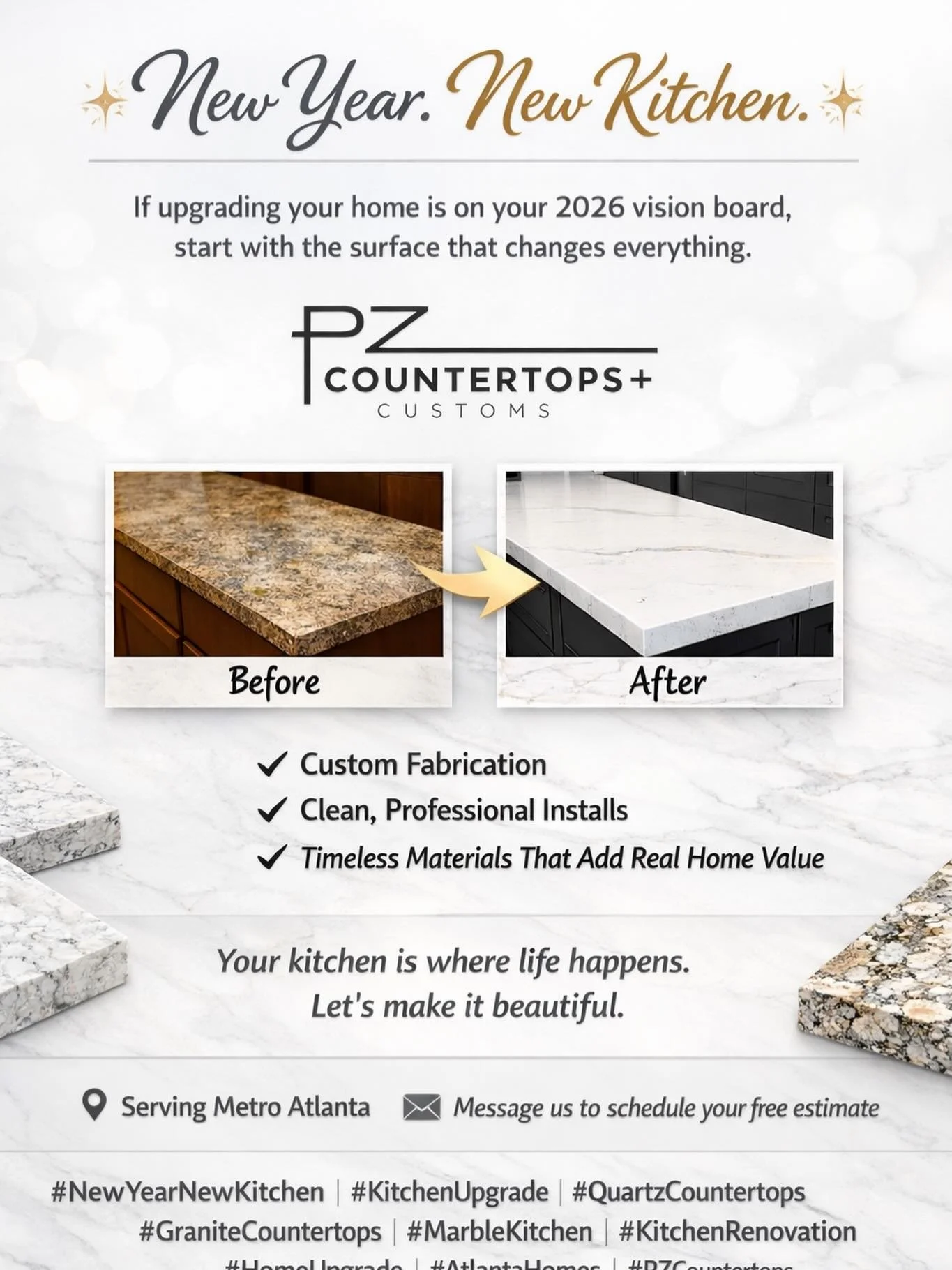 New year. New kitchen.

If upgrading your home is on your 2026 vision board, start with the surface that changes everything.

At PZ Countertops + Customs, we specialize in custom fabrication and clean, professional installs using quartz, granite, and