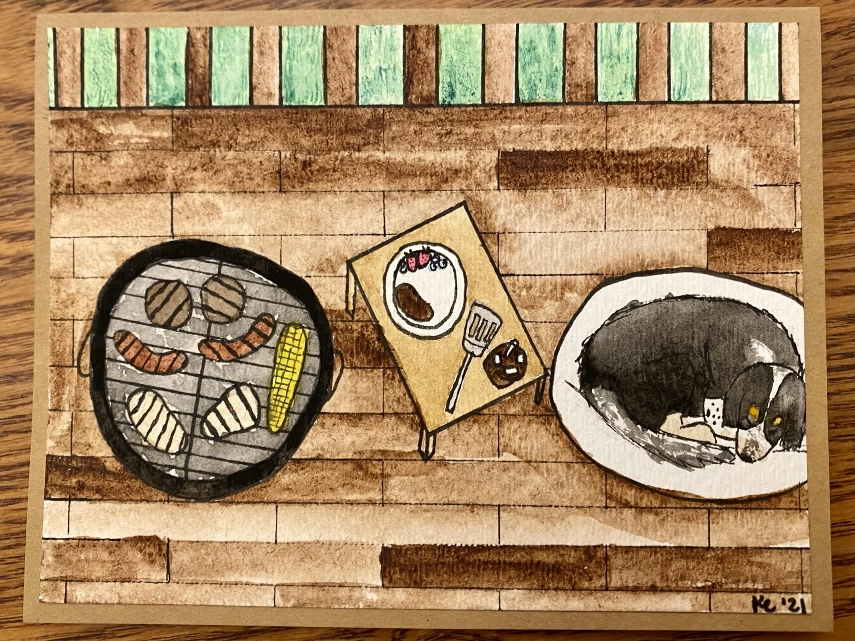 A Father's Day card featuring a watercolor painting with a grill and a custom dog portrait