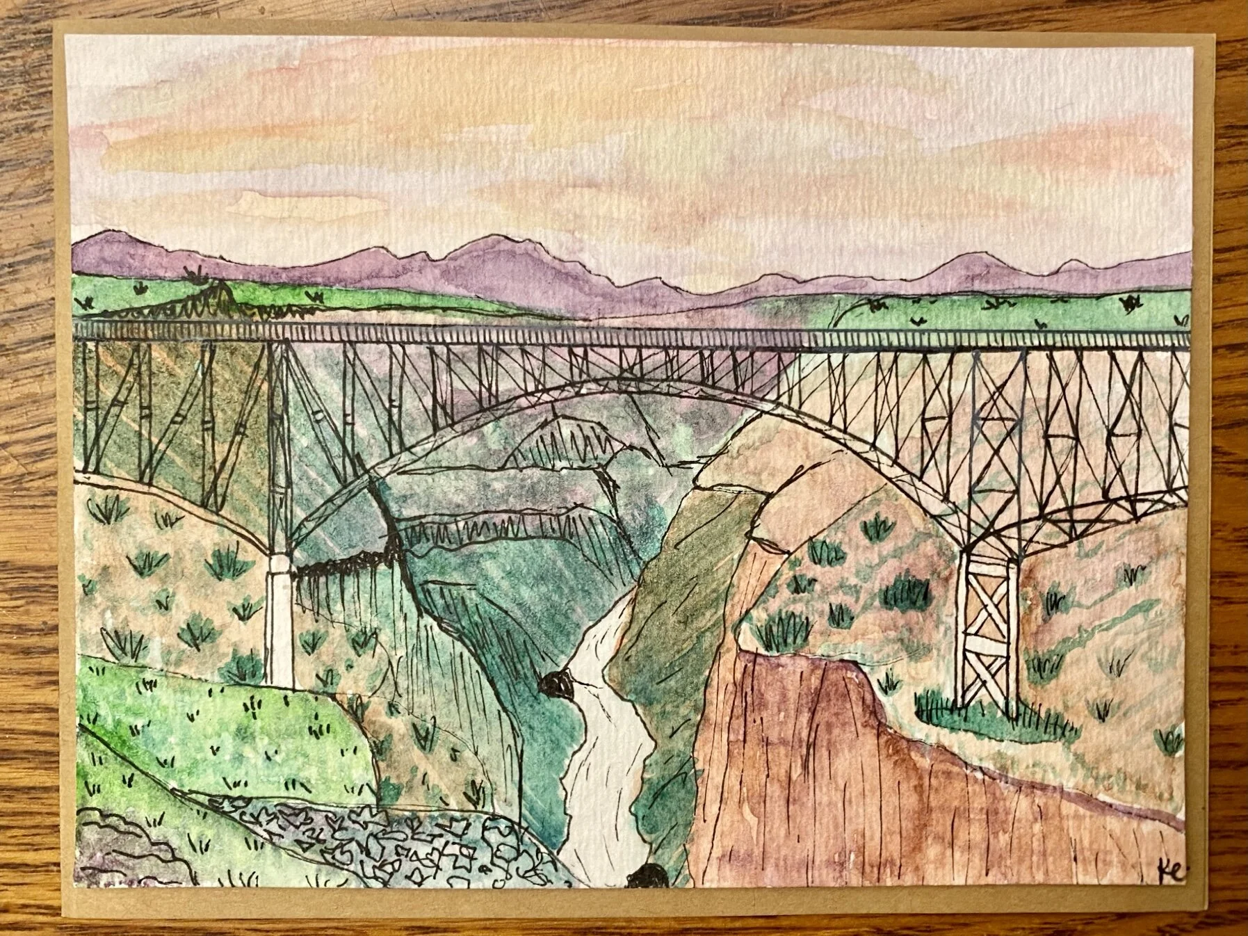 Custom birthday card featuring a watercolor painting of a bridge in New Mexico