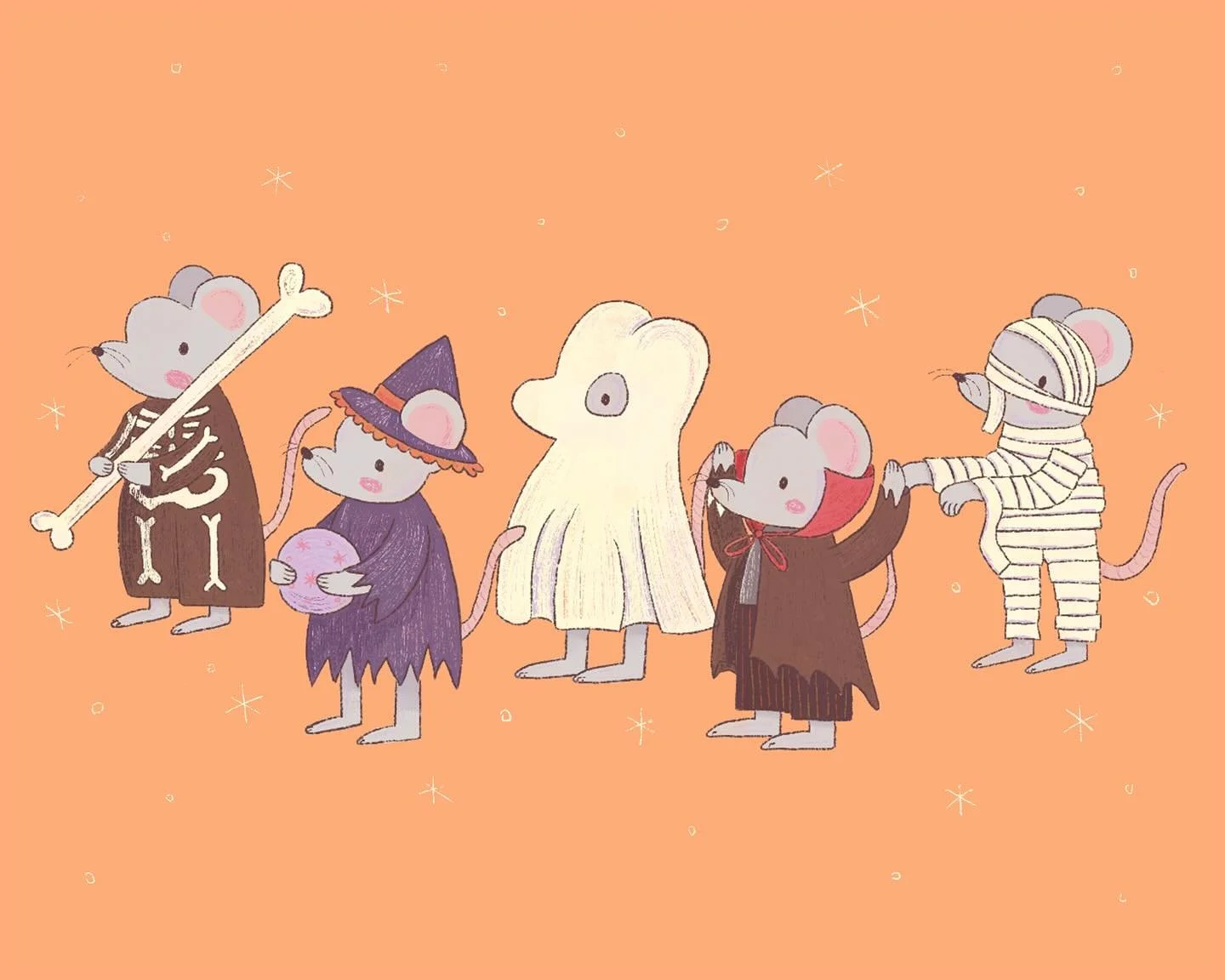 31 GHOST 👻

And just like that #peachtober25 is over !!!! 
To celebrate everyone&rsquo;s hard work for the month, the mice are having a costume parade! 🦴🔮👻🦇🩹

-
-
-
#peachtober25 #peachtober25ghost #peachtober #procreate #procreateillustrator #