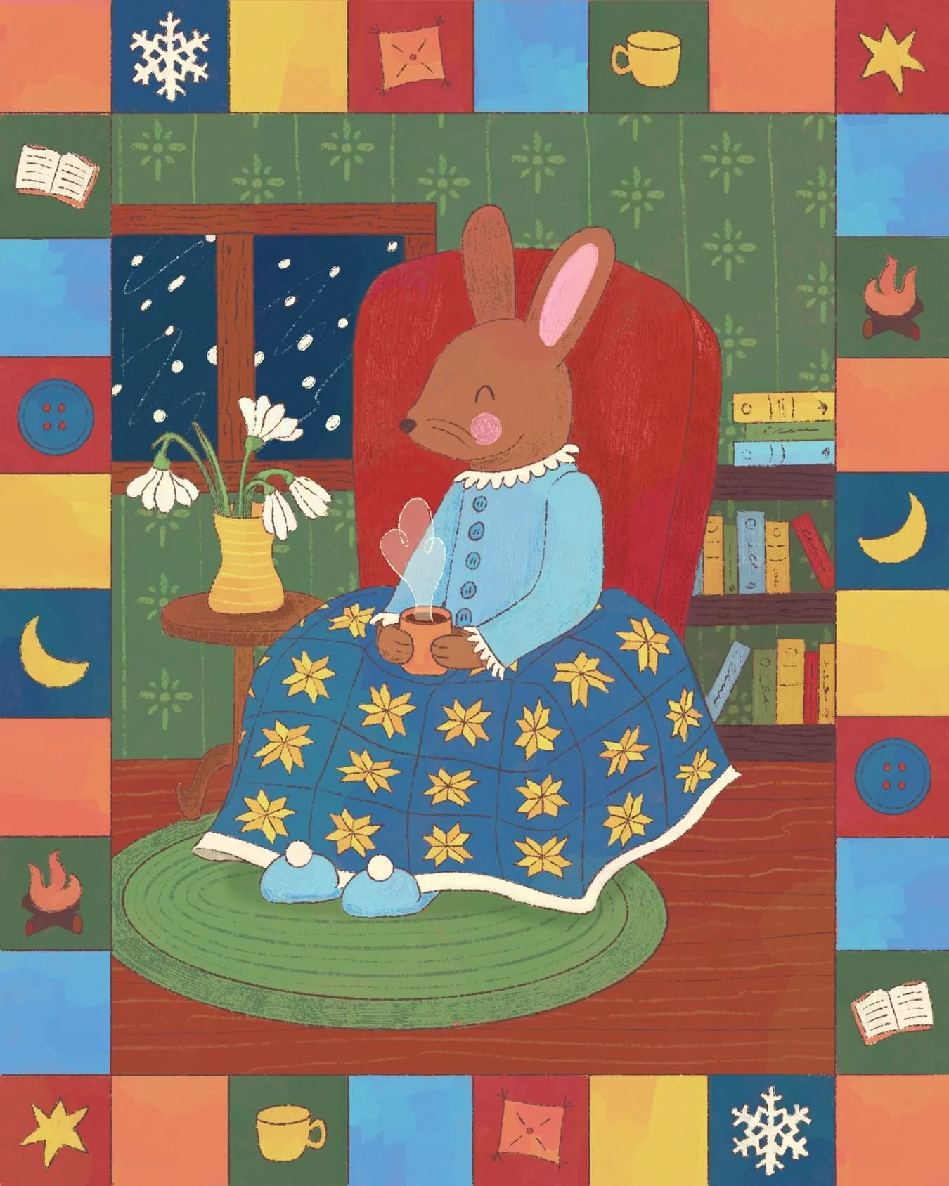 #FebruaryFrost26Week2
Star &amp; Quilt ✴️✨ﾟ･*☆

It was so cold outside picking those snowdrops !  Lucky bunny has her star quilt and hot choccie to warm her back up ❄️

Thank u to all the lovely hosts for creating / hosting this challenge (&deg;◡&deg