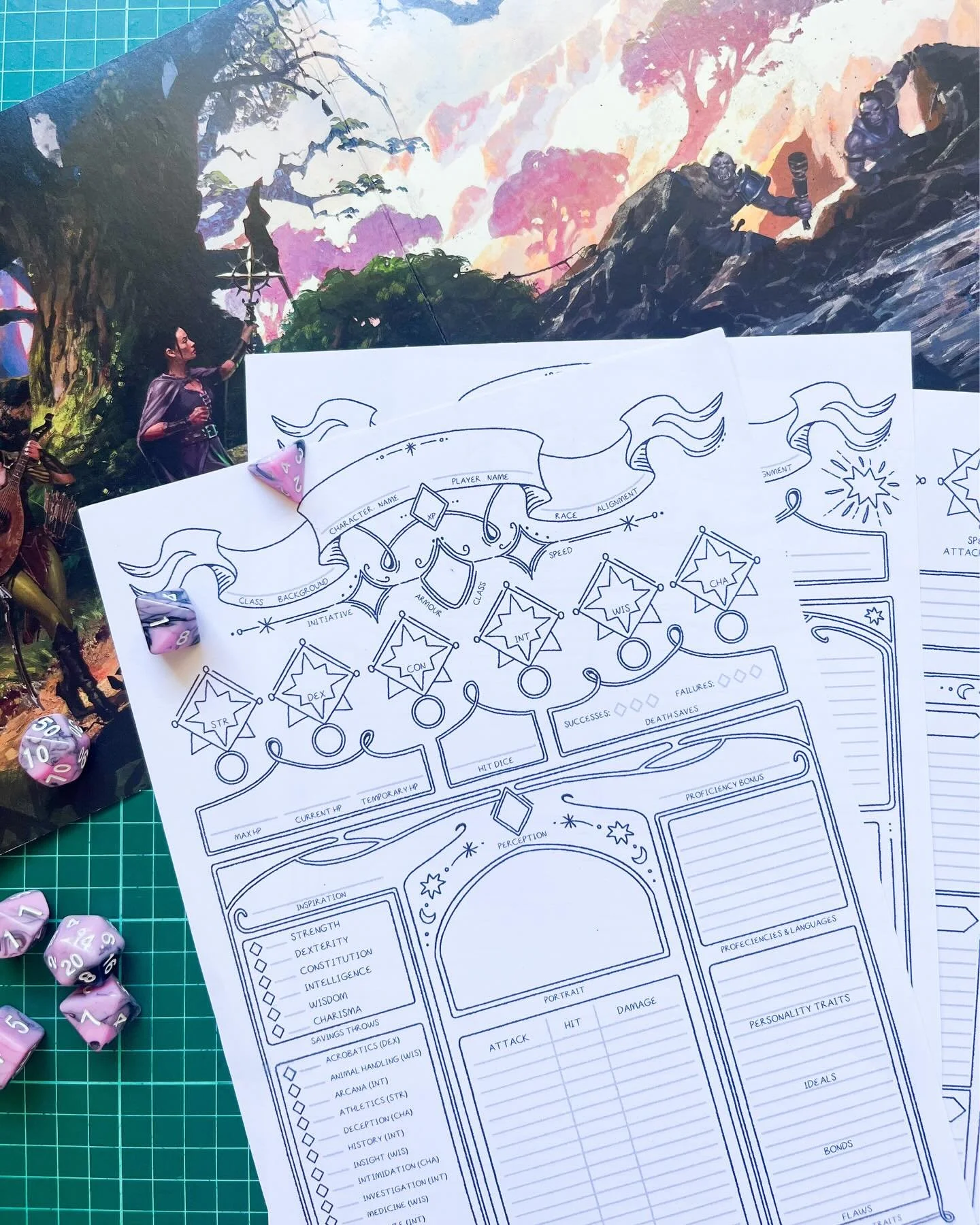 I made printable DnD sheets !! 🐉🧚🏼&zwj;♀️🧌✨
Each download includes 3 fully illustrated A4 PDFs, including:
⭐️ 1 x main character sheet
⭐️ 1 x extended character sheet
⭐️ 1 x spell sheet

These are all hand drawn by me (including the font) and can