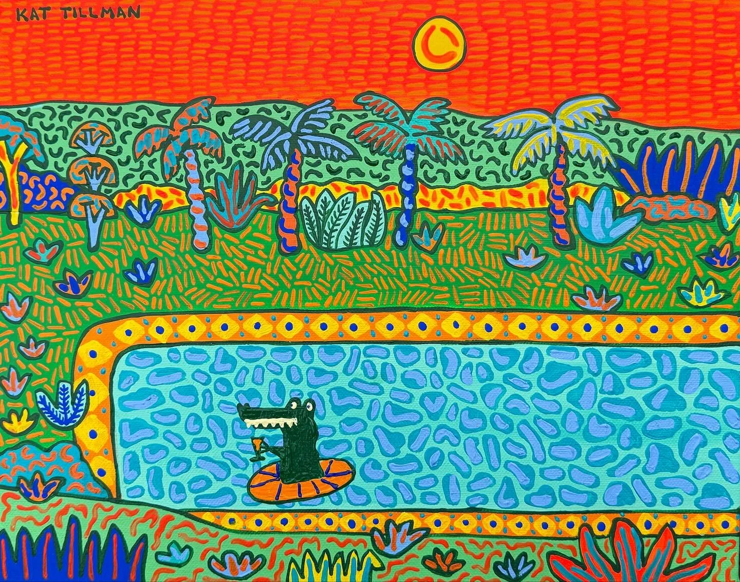 | COCKTAIL HOUR |

Acrylic on Canvas. Wooden floating box frame optional. 28&times;36cm

Turns out, crocodiles know how to unwind too. This one has traded happy hour for floatie hour, drifting in style while the bush throws its own silent disco in th