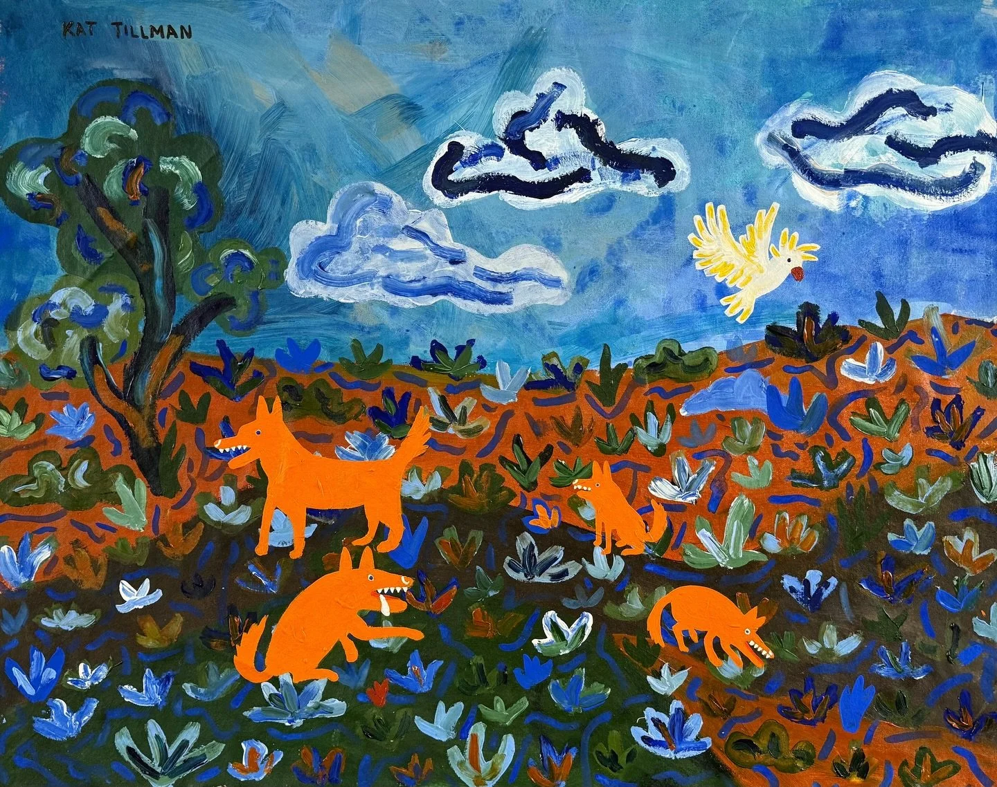 DINGOS IN THE HEAT |

A few bright orange dingos moving through the bush, sniffing around, half playing, half watching. Big blue sky, scrubby greens, that dusty orange ground that feels so alive it almost hums. Overhead a cockatoo lurks.

This piece 