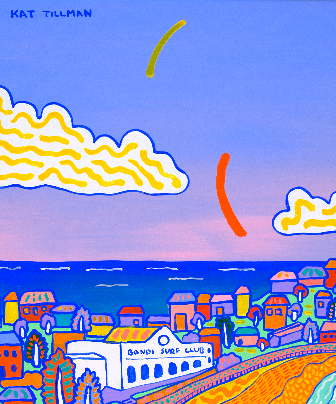 Bright contemporary Bondi Beach painting by Melbourne artist Kat Tillman, featuring the ocean, beachgoers, surfers, Bondi Icebergs and coastal buildings.