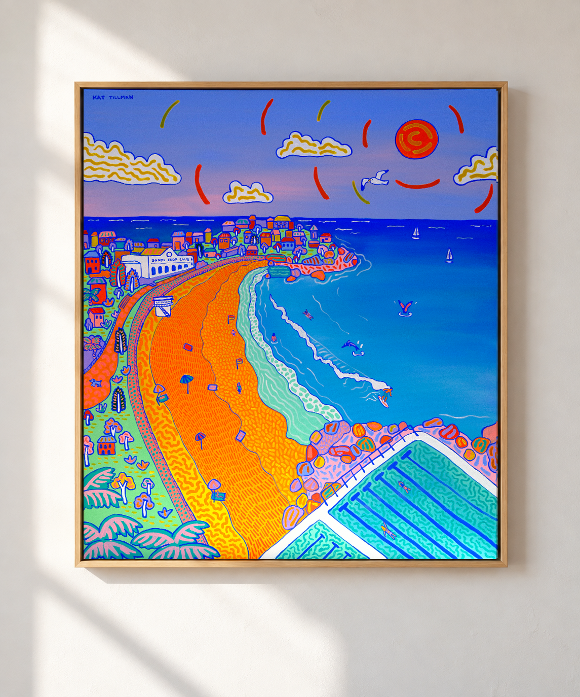 Colourful original painting of Bondi Beach, Sydney, featuring Bondi Icebergs, surfers, swimmers and the coastline by Australian artist Kat Tillman.