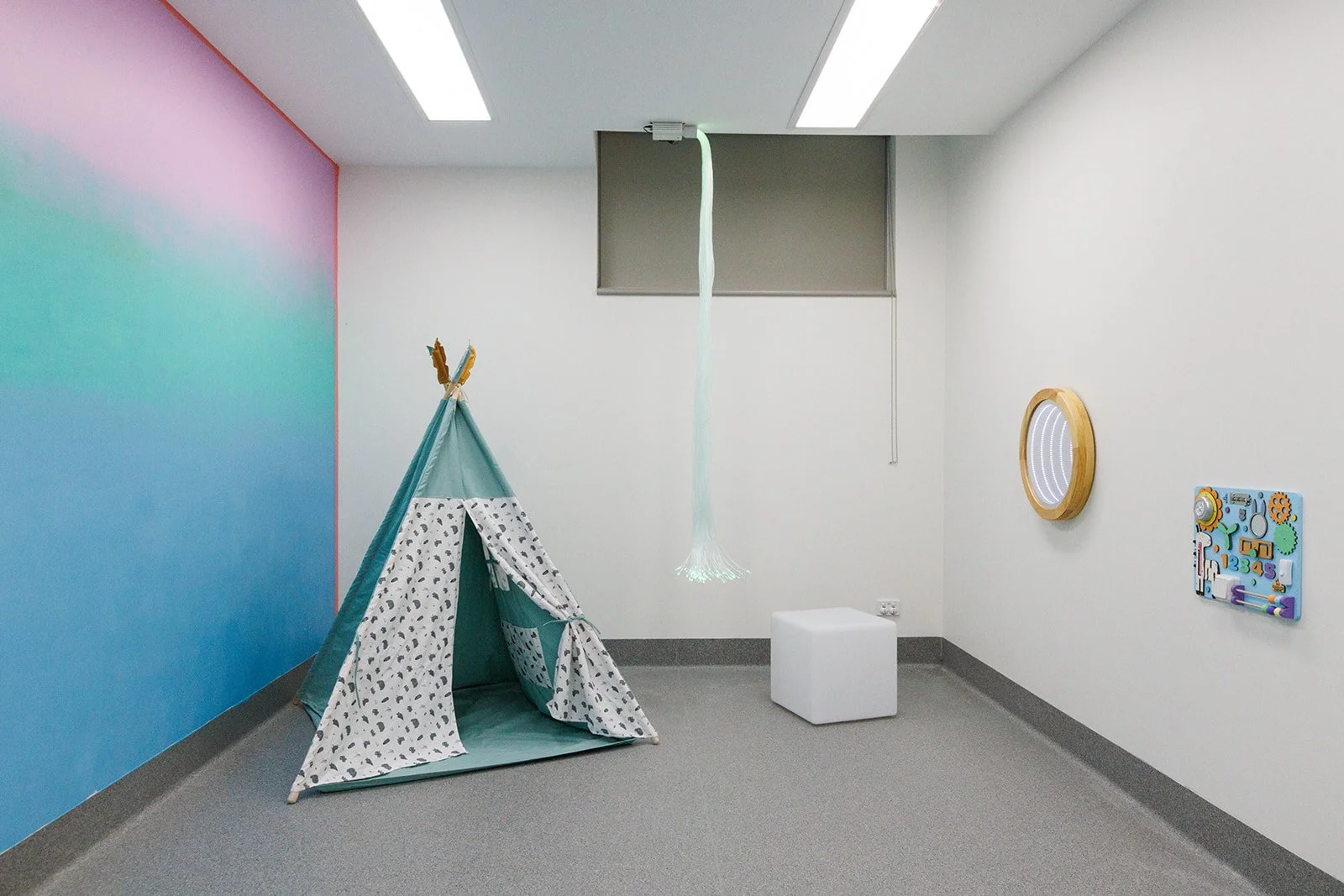 Calming blue ombré sensory room created by Melbourne artist Kat Tillman for Latrobe Community Health Service in Churchill, Victoria.