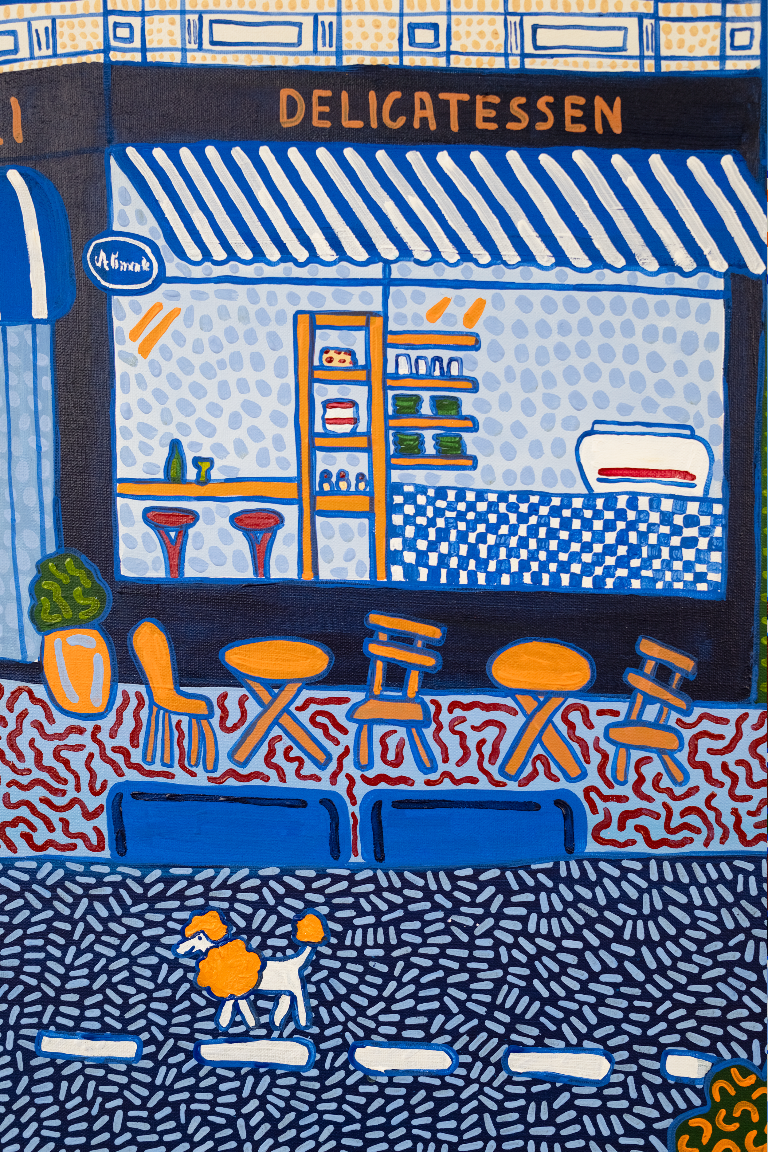 Close-up of outdoor tables and chairs in Kat Tillman’s Alimentari cafe painting.