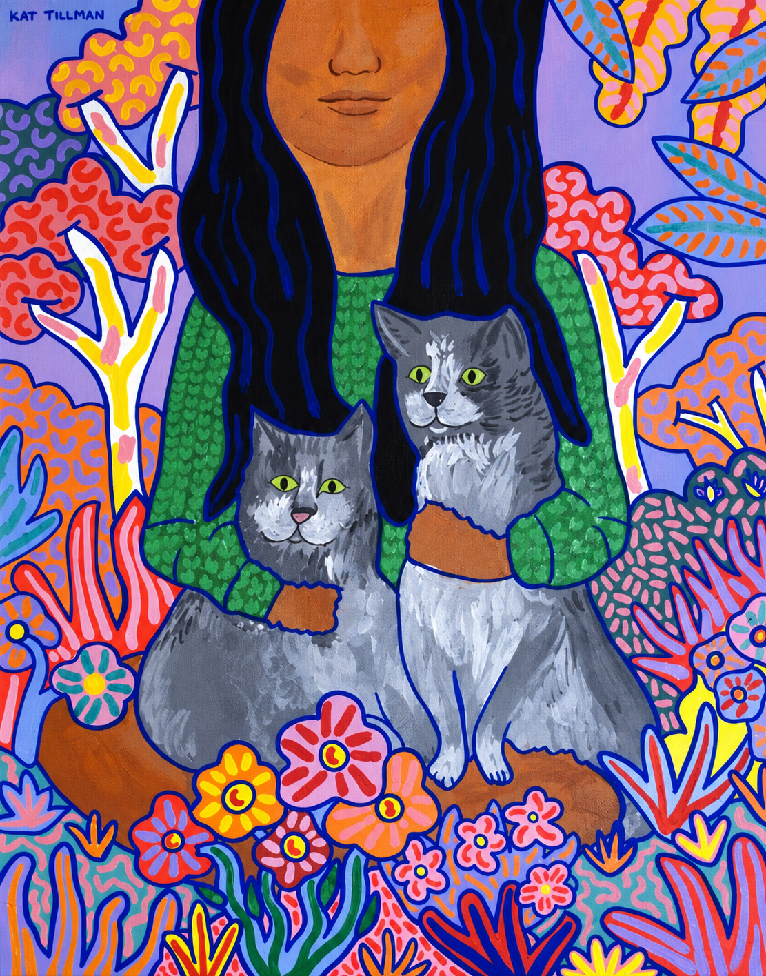 Woman with Cats in a Vibrant Garden.png