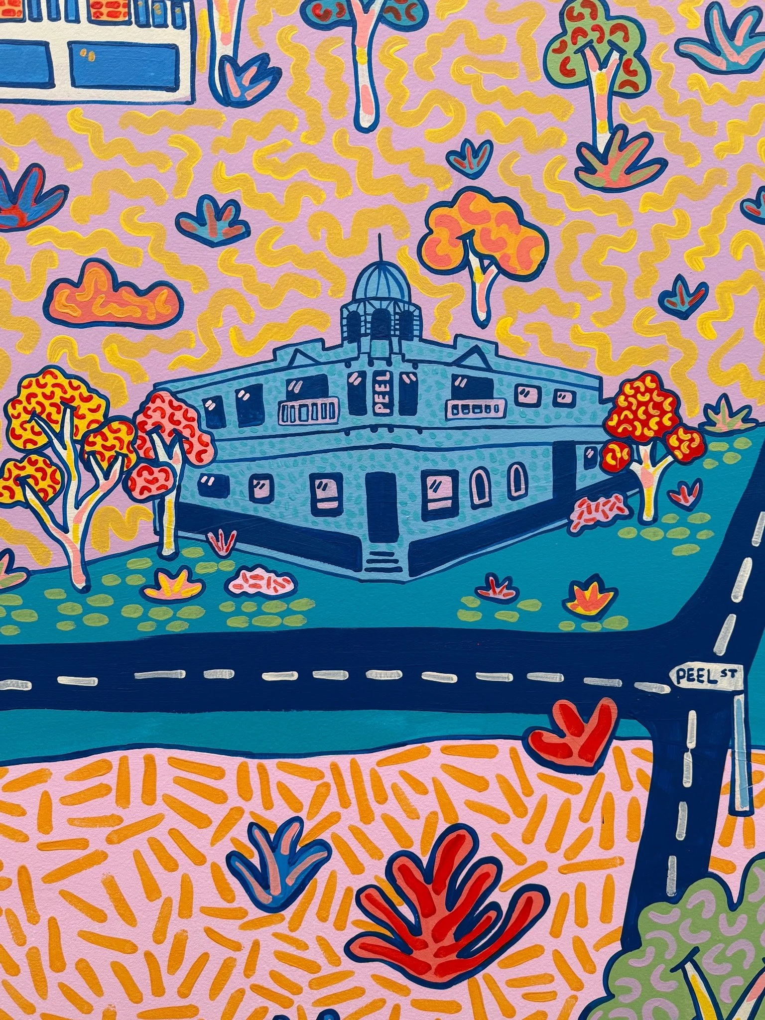 Hand-painted detail of the Peel Hotel within Kat Tillman’s colourful illustrated Collingwood map mural.