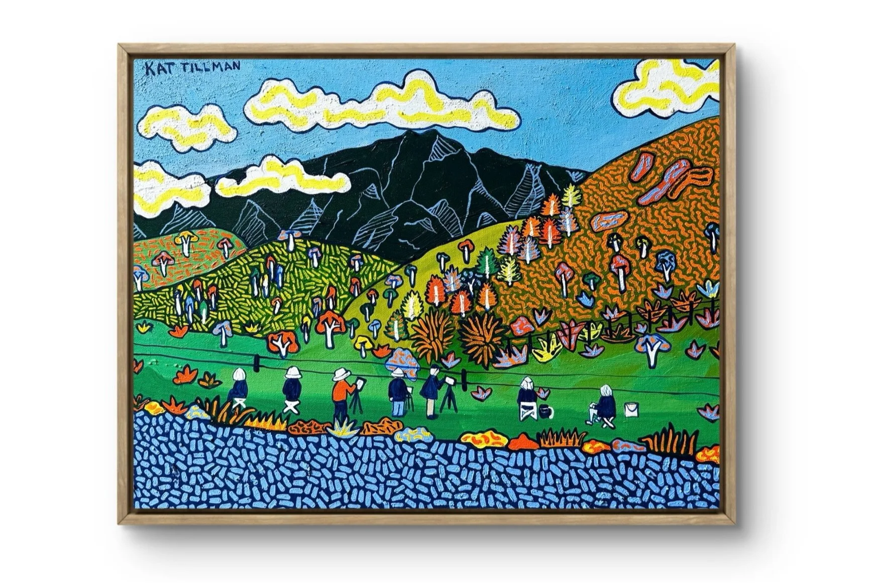 A colorful landscape painted in an abstract style with mountains, clouds, various trees, and people exploring outdoors.