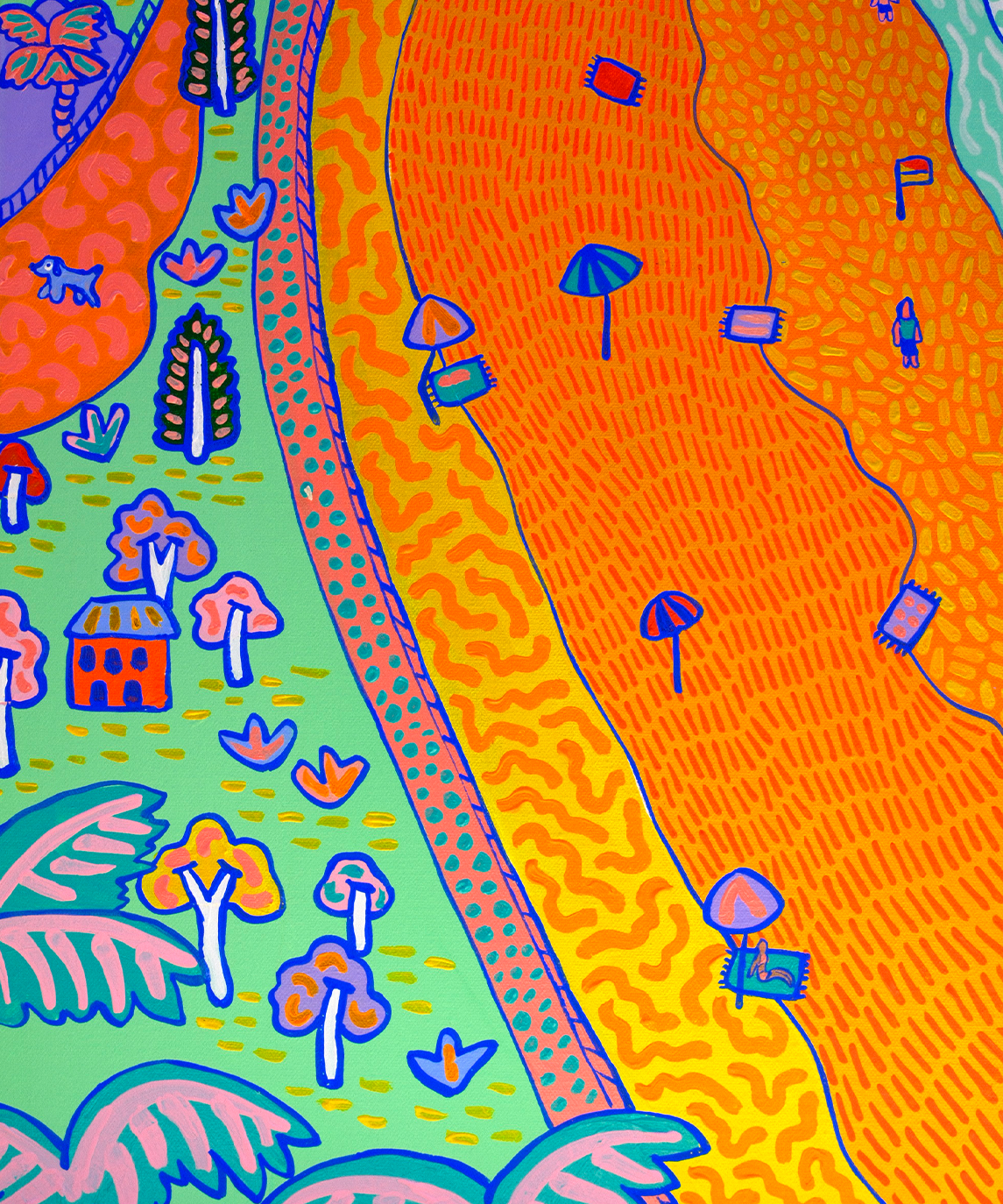 Bondi Beach artwork by Australian artist Kat Tillman, with colourful hand-painted details of Bondi Icebergs, the beach, ocean, surfers and Sydney seaside life.