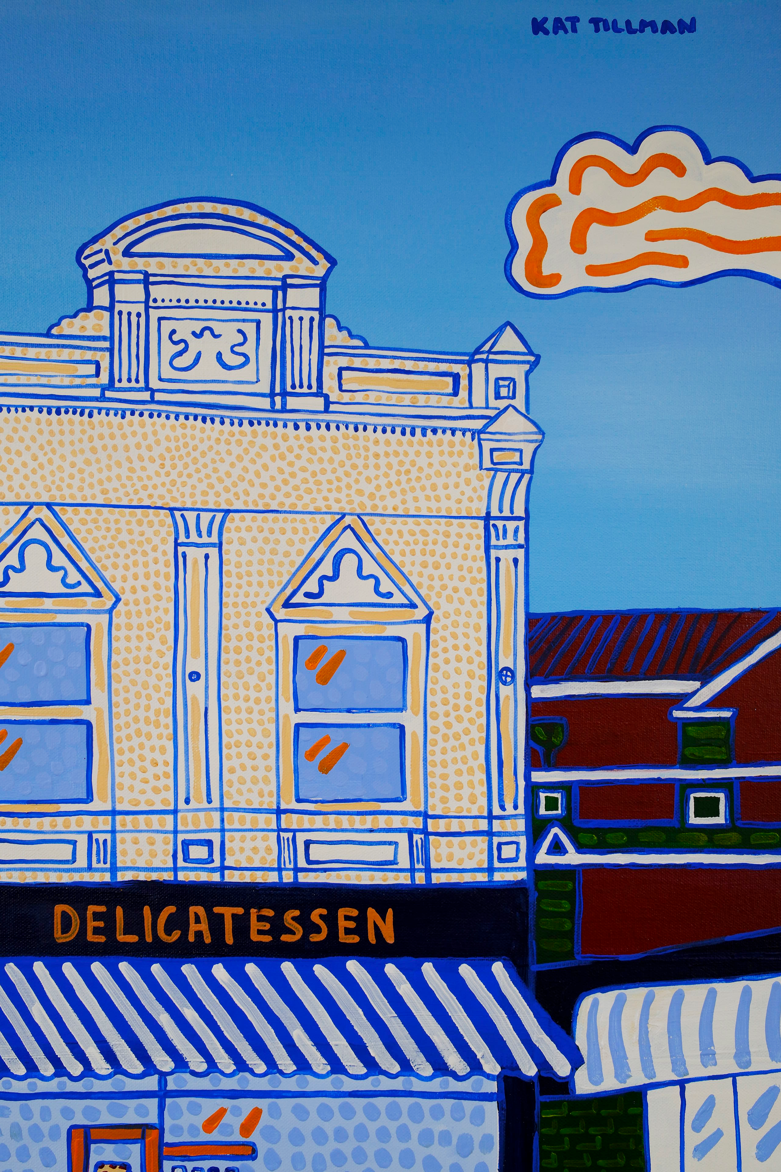 Detail of Alimentari painting showing the Fitzroy cafe facade and striped awnings.