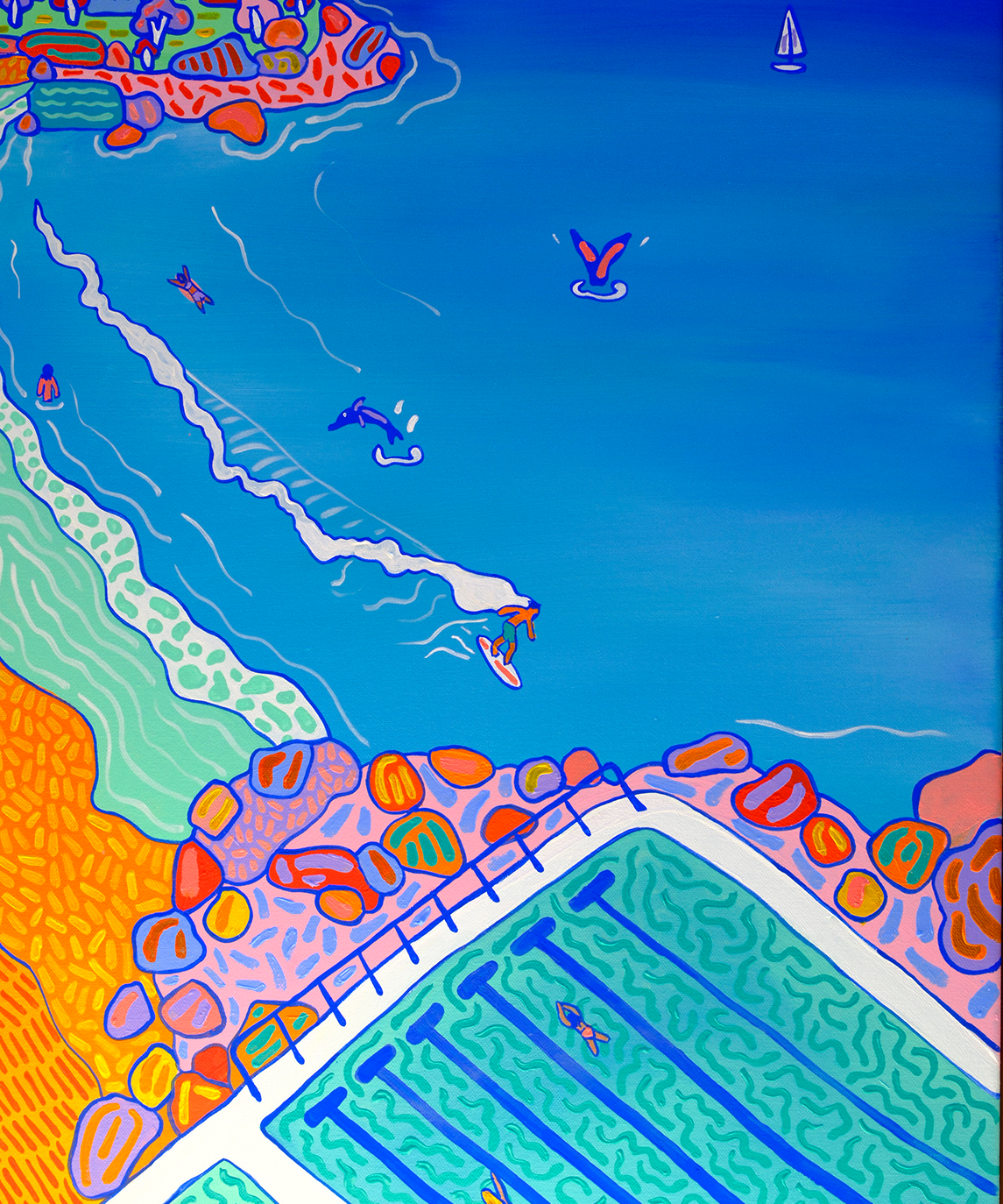 Love Letter to Bondi original artwork by Kat Tillman, depicting Bondi Beach, Bondi Icebergs and the Sydney coastline in a colourful illustrative style.