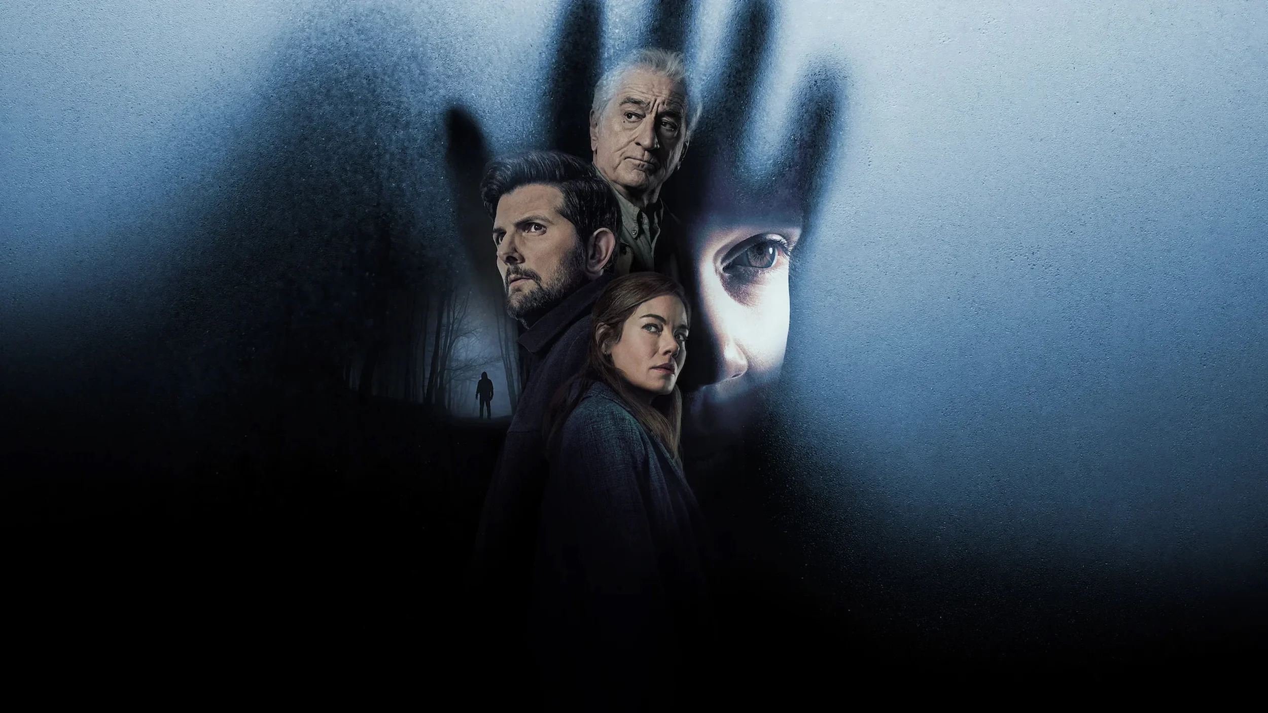 Promotional artwork for The Whisper Man (2026) featuring Adam Scott, Robert De Niro and Michelle Monaghan against a shadowy figure.