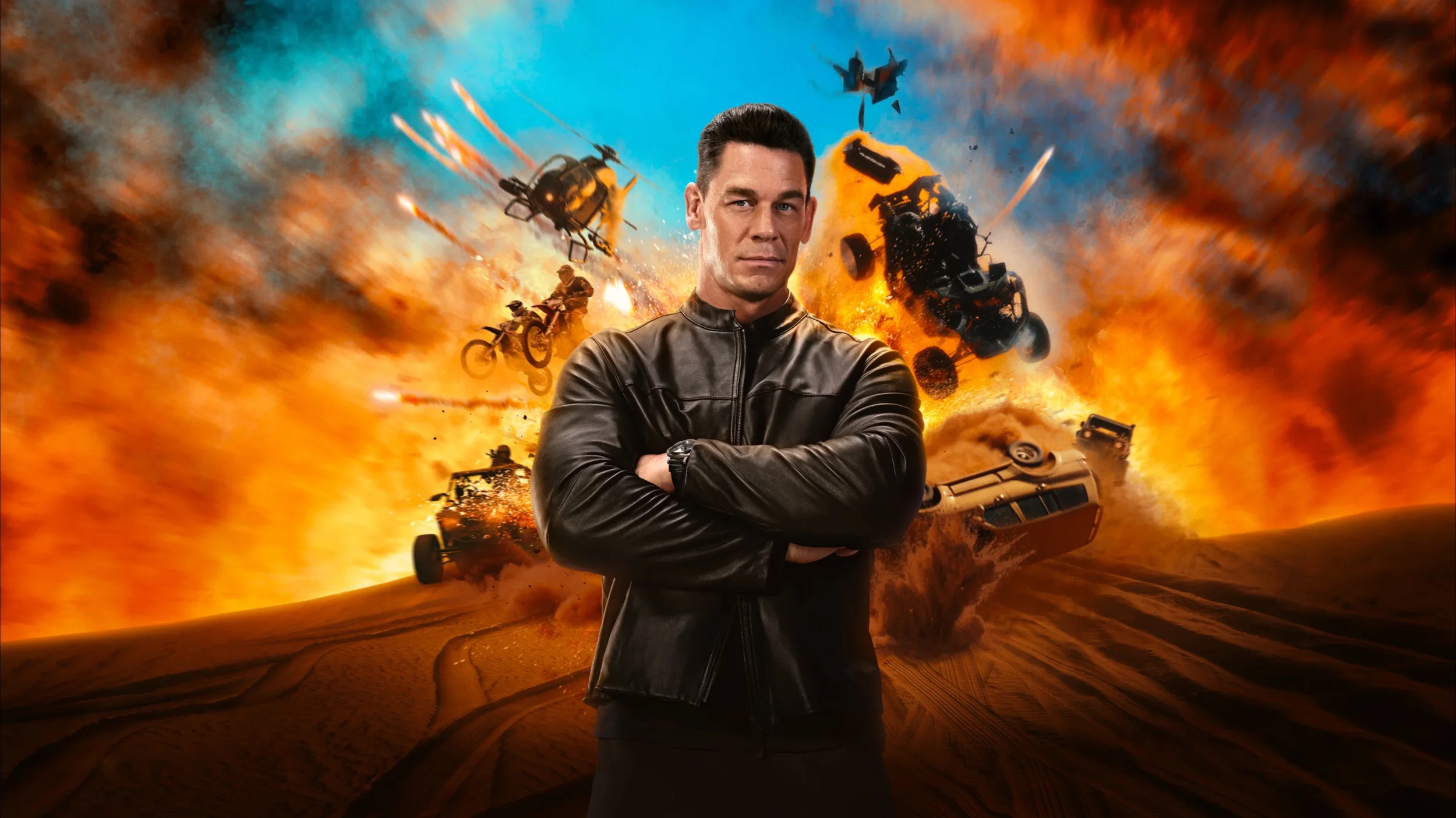 John Cena stands in front of a massive explosion filled with flipping cars, motorcycles and helicopters in promotional artwork for Matchbox: The Movie (2026).