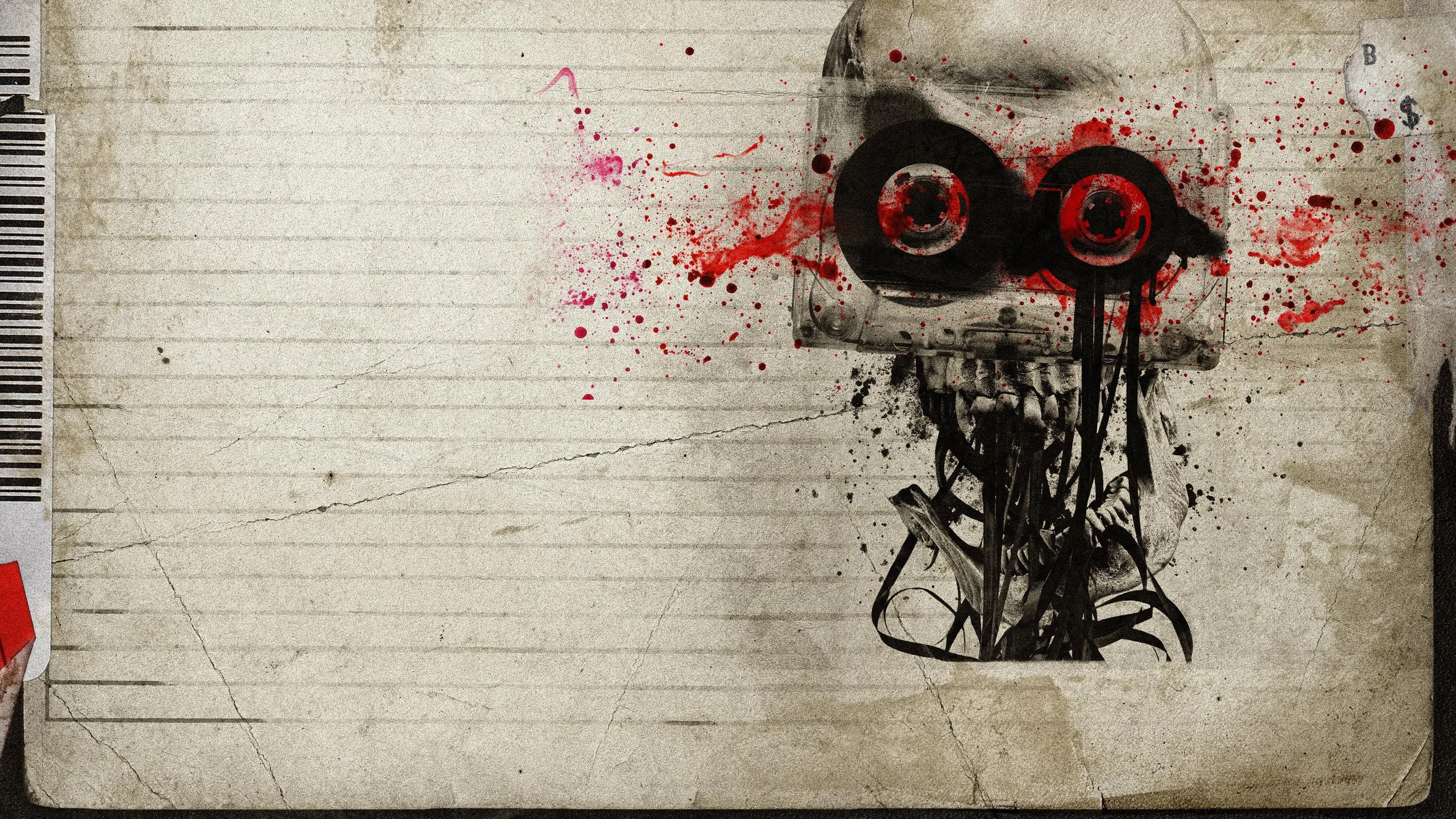 Promotional artwork for V/H/S/Mixtape (2026) featuring a distorted cassette tape with blood-spattered reels and a monstrous skeletal mouth against a distressed background.