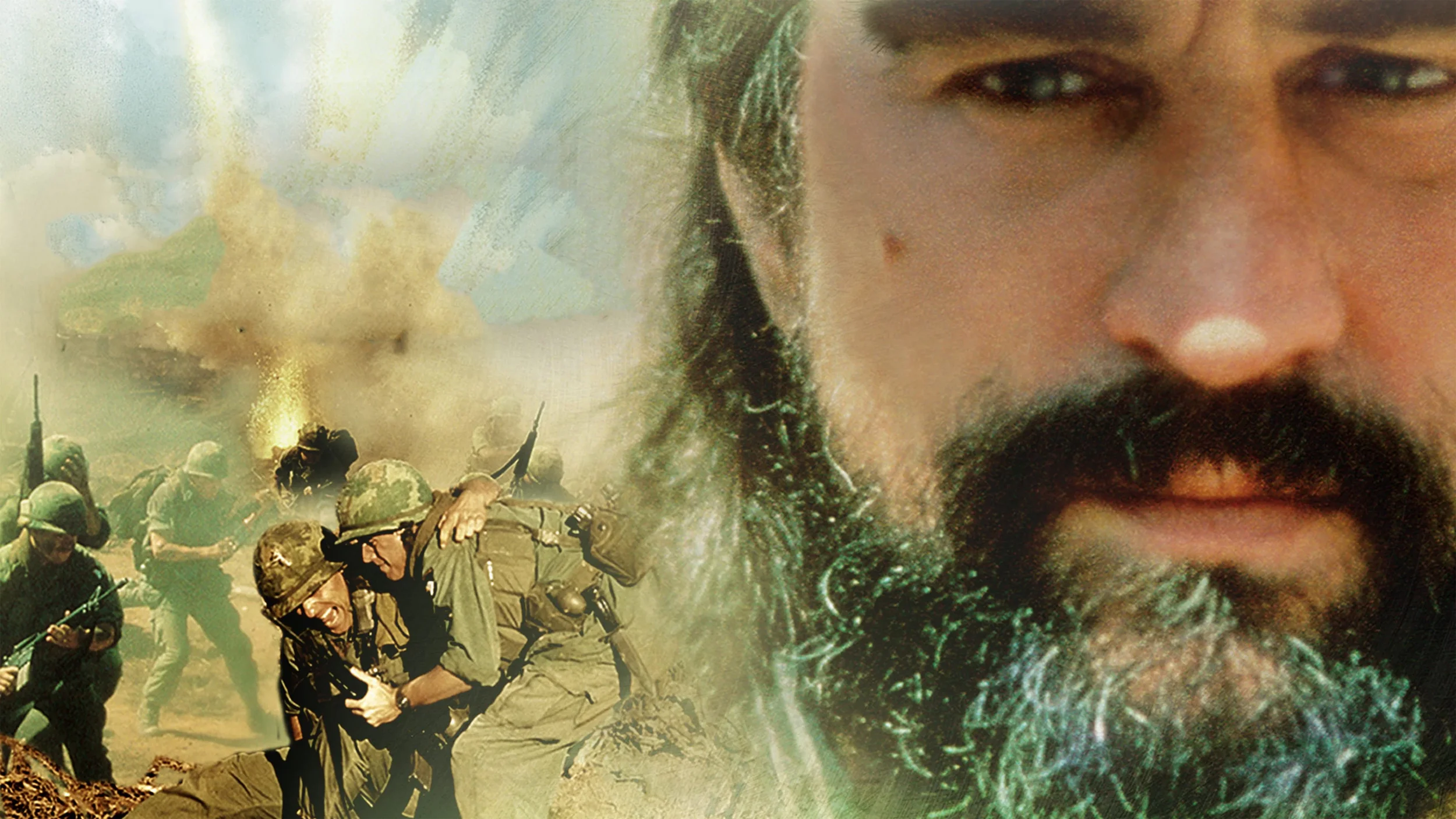 A promotional image for Jacknife featuring a close-up of Robert De Niro alongside soldiers in a Vietnam War battle scene.