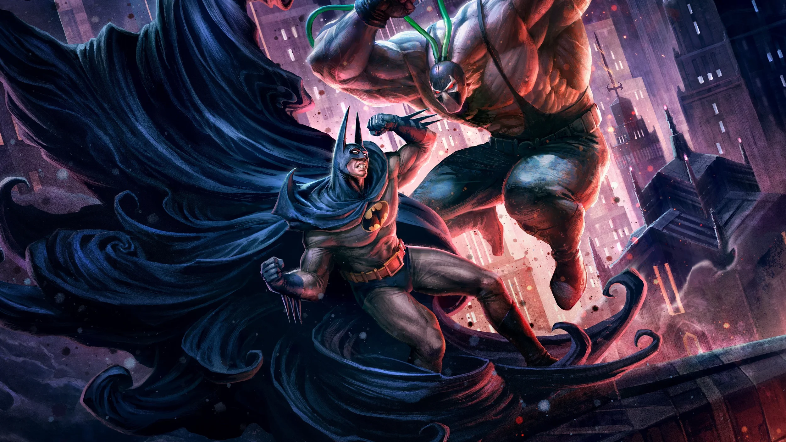 Batman battles Bane above Gotham City in promotional artwork for Batman: Knightfall Part 1 (2026).