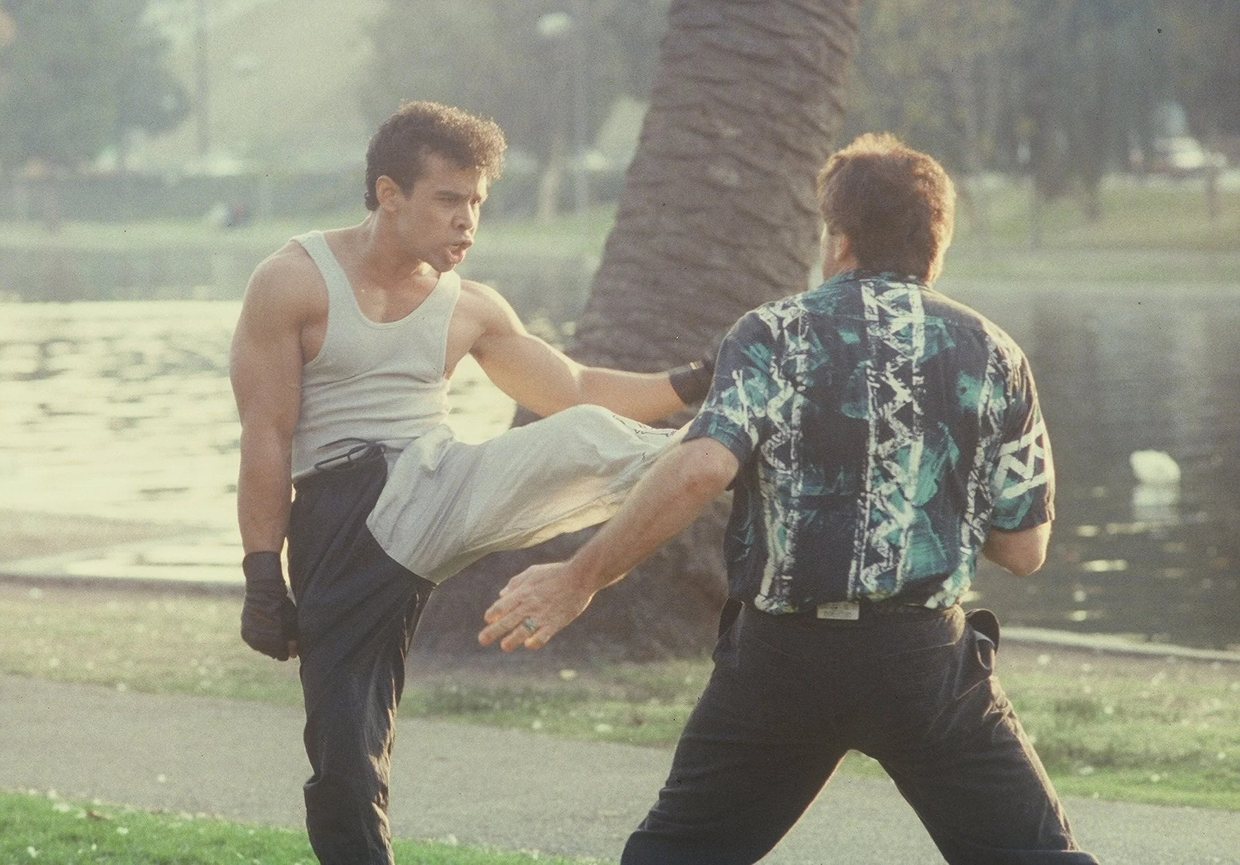A martial artist delivers a kick during a fight in a park in City Dragon (1995).