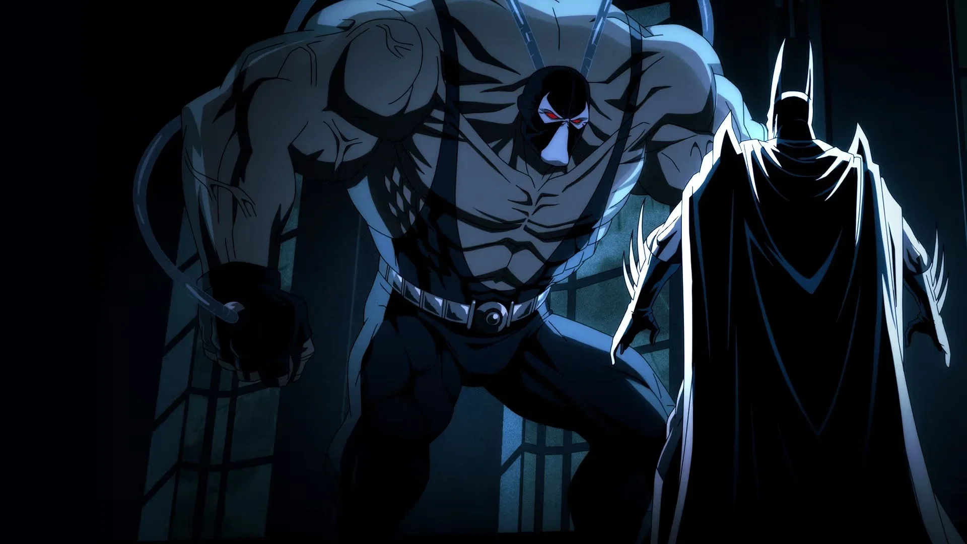 Batman confronts the towering Bane in Batman: Knightfall Part 1 (2026).